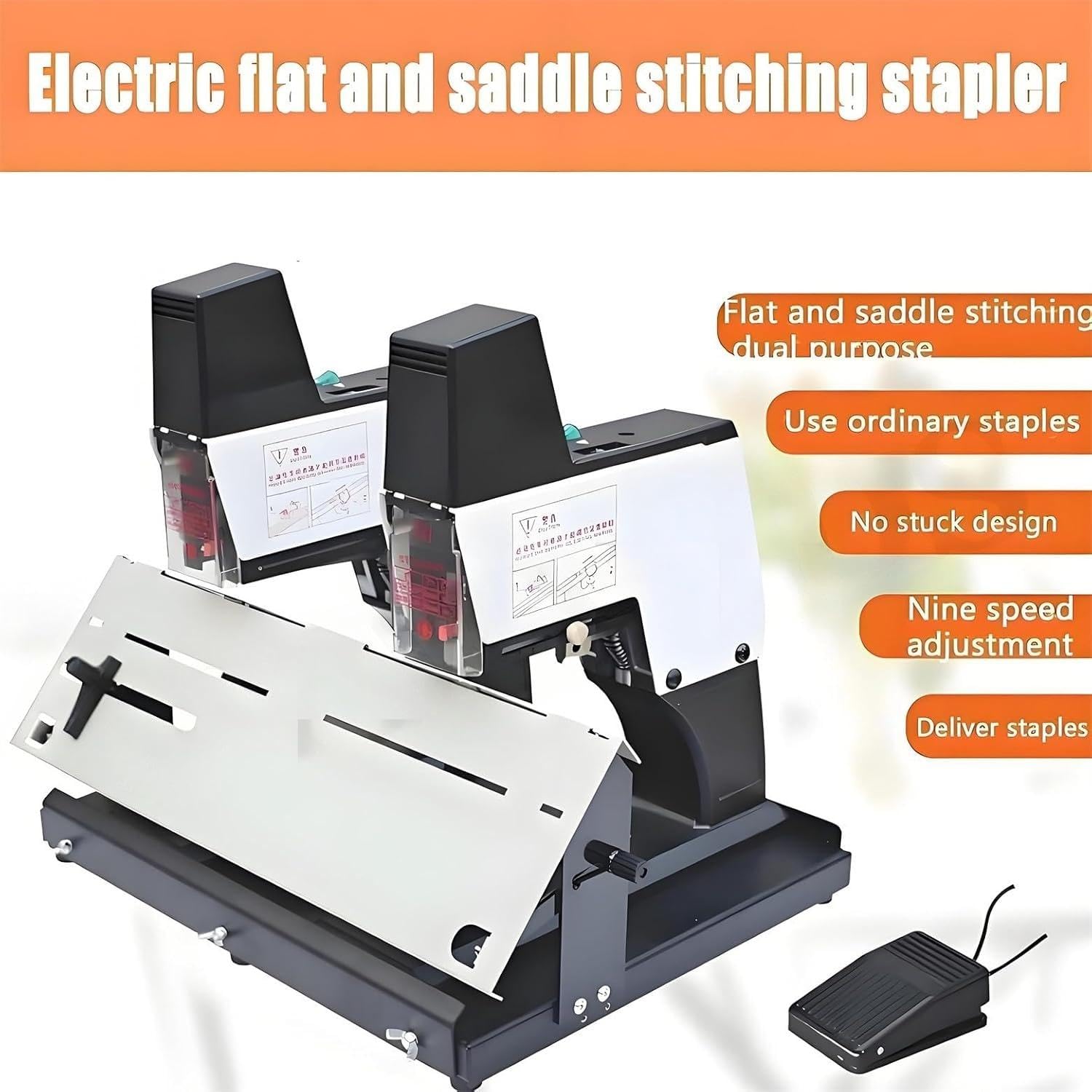 Elektrischer Tacker Automatisch mit Pedal, Einstellbare Dicke 1-9 Stufen, Schnellbindemaschine für Zuhause, Schule, Büro, Geschäft, Doppelkopf
