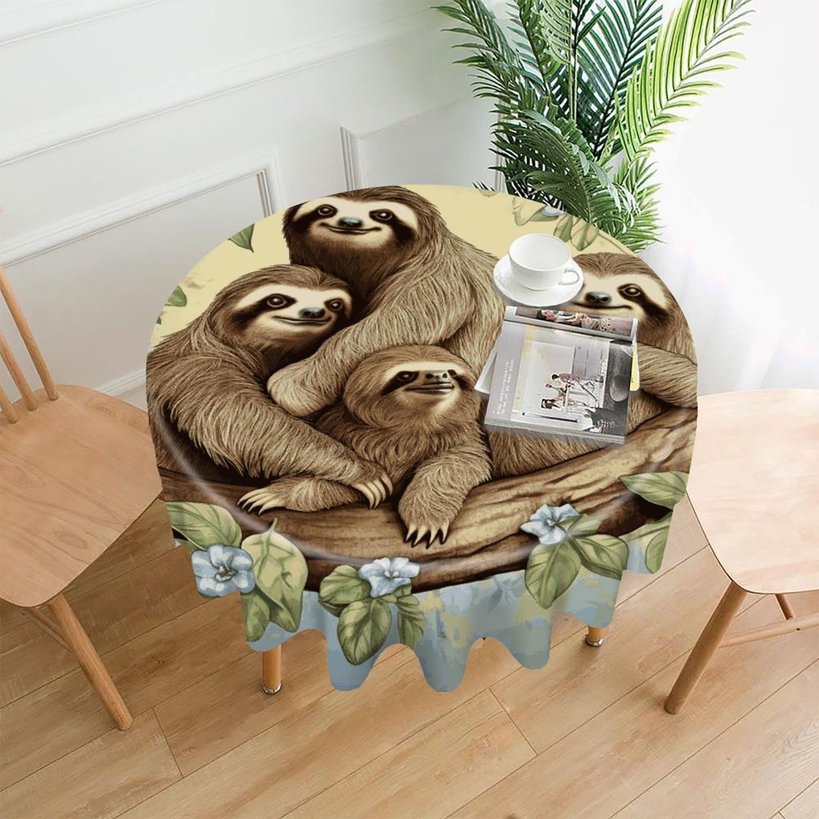 FekiLoot Sloth Family Round Tablecloth Cover 60 Inch Wrinkle Free Washable Polyester Fabric Table Cover Decorative Round Table Cloth for Home Dining Kitchen Party Farmhouse