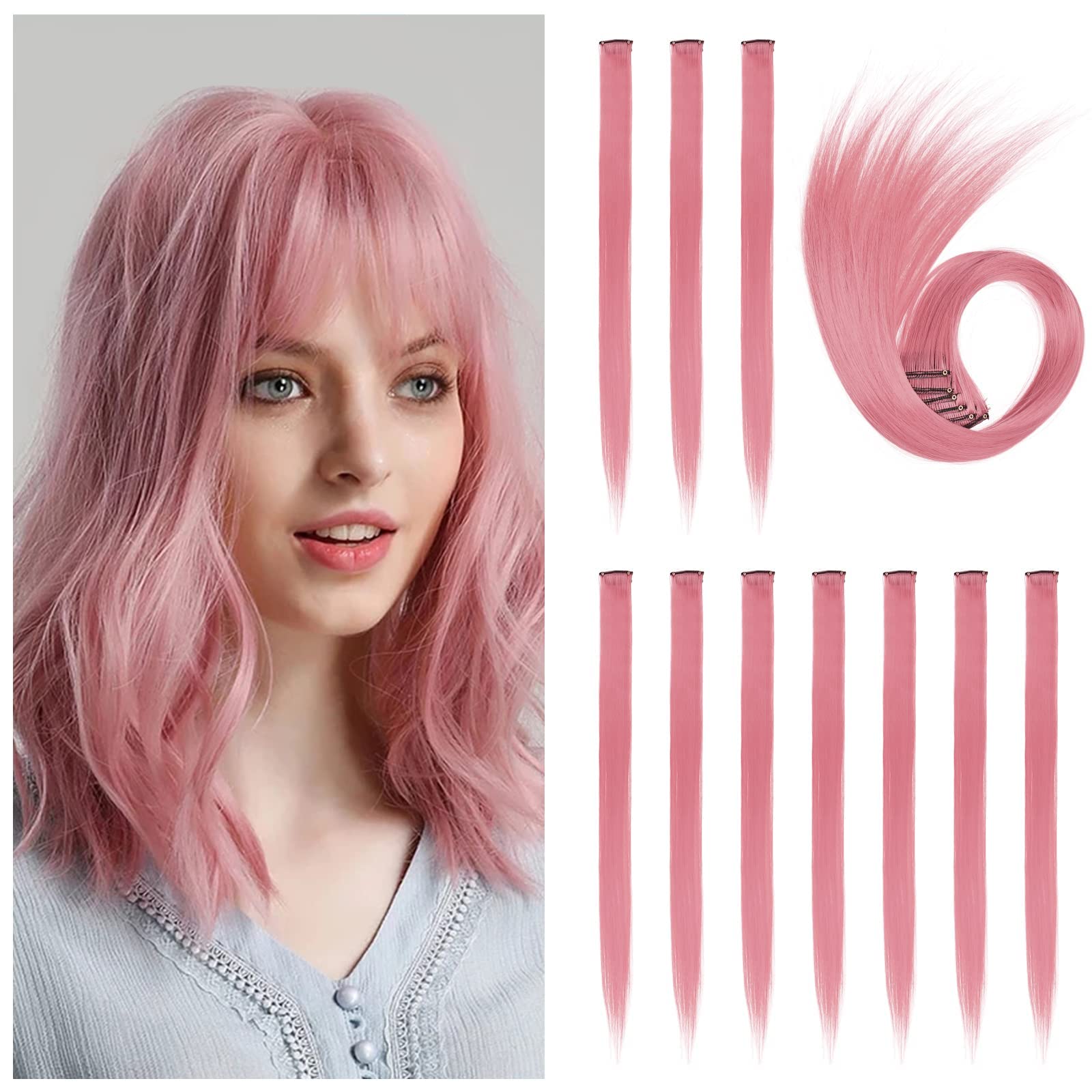 Pink Hairpieces, 10 Pcs Pink Hair Extensions Clip in Pink Hair Extension Synthetic Straight Highlight Hairpieces Fashion Cosplay Party Clip in Hair Extensions for Girls Women (20 Inches, Pink)