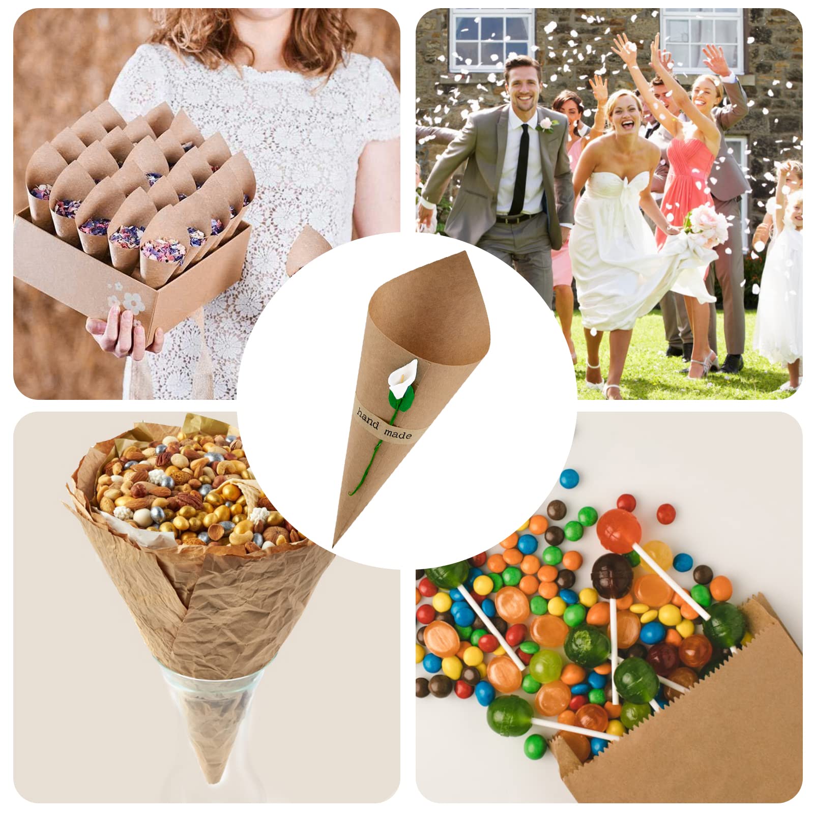 50 Pcs Wedding Confetti Cones Retro Kraft Paper Cones Bouquet Candy