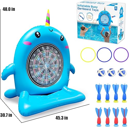 Miniatura 7 de Dollox Juguetes de piscina para niños Juego de mesa de dardos flotante grande de 45 pulgadas, lindo juguete inflable de delfín para jugar en