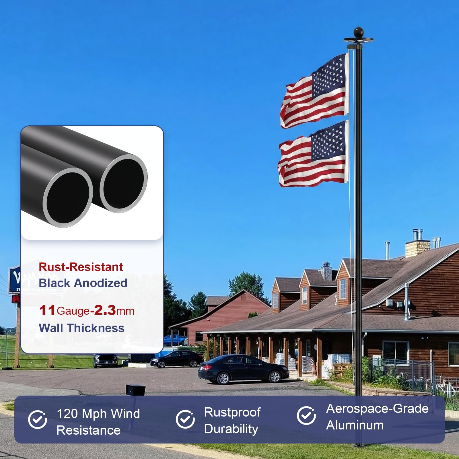 Kit de mástil de bandera resistente de calibre 11 con luz solar ultra brillante de 136 LED, mástil de bandera de 2.3 mm de grosor de 20 pies para casa exterior en el suelo, bandera de Estados