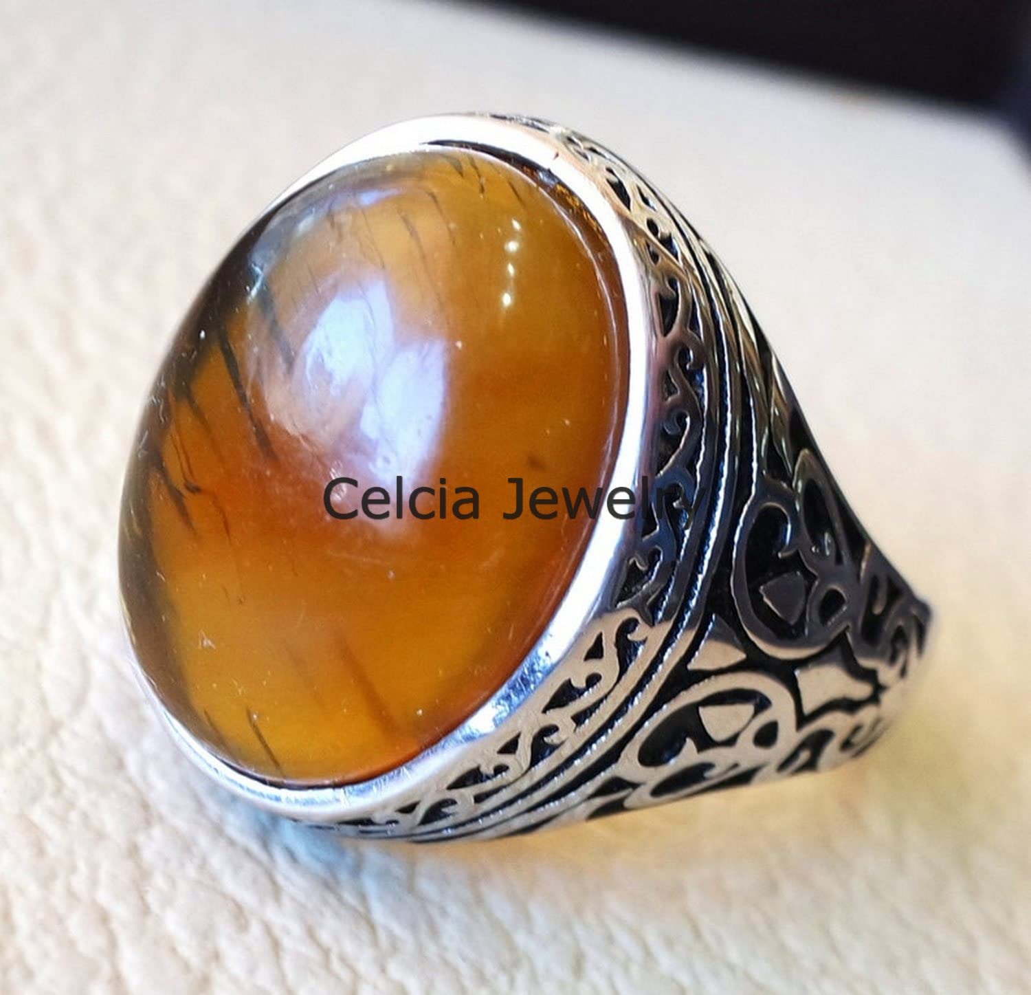 Anillo clásico de piedra preciosa genuina de ámbar báltico, joyería única hecha a mano para hombres, anillo de declaración, anillo de sello, hermosos regalos para el día del padre