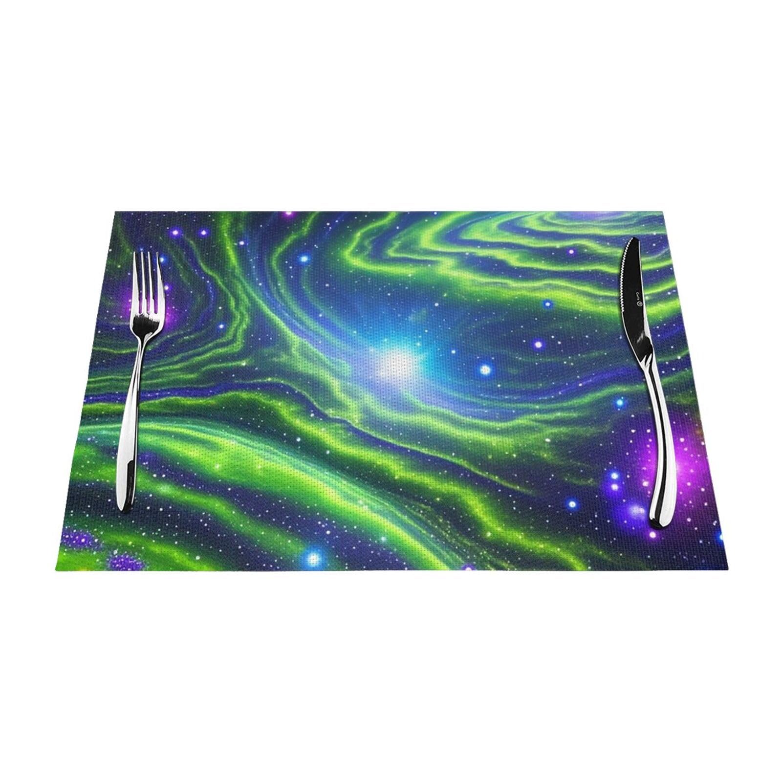 Mxzerfkgla Black Placemats Set Of 6 Pcs Washable Pvc Table Mats Heat Resistant Vinyl Woven Place Mats Green Blue Purple Galaxy Placemats Non-Slip Wipeable Placemat For Kitchen Dining Table Decoration 45 X 30 Cm