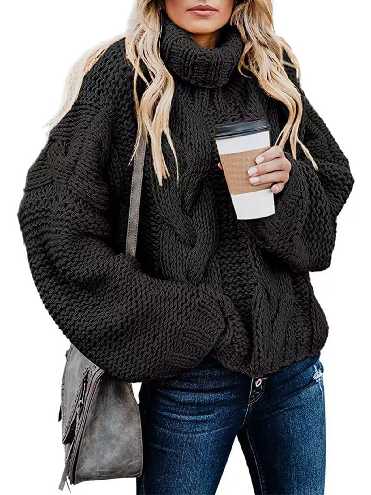 Turtleneck Sweater for Women High Neck Lantern Sleeve Pullover Balloon Sleeve Chunky Cable Knit Oversized Sweater Top