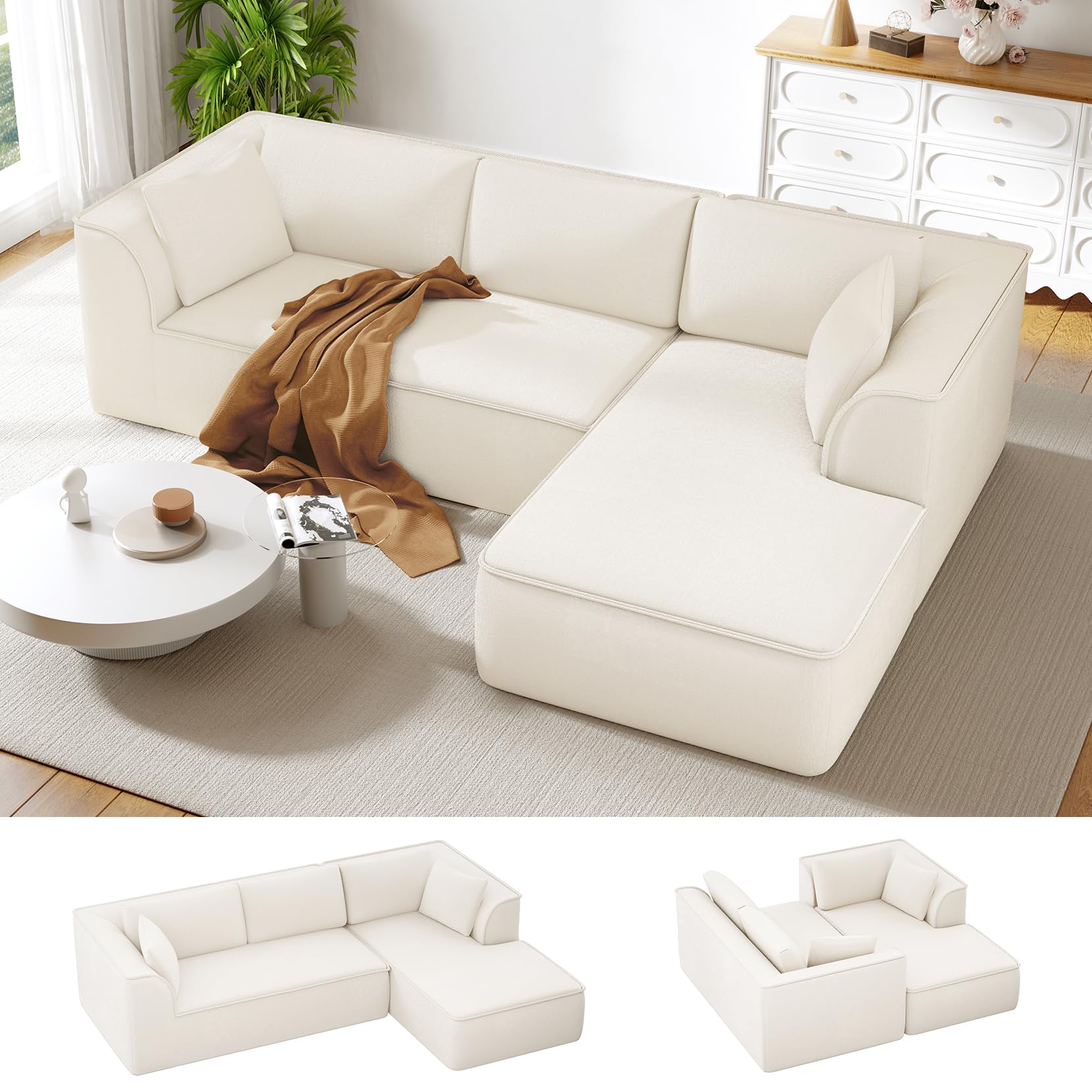 (incomplete) (only 1 box) Vesgantti 106" Cloud Sectional Couch with Chaise, Deep Seat Modular Sectional Sofa Chenille Memory Foam Sofa Boneless Couches for Living Room Bedroom, No Assembly Required (Beige, Right-Facing Chaise)