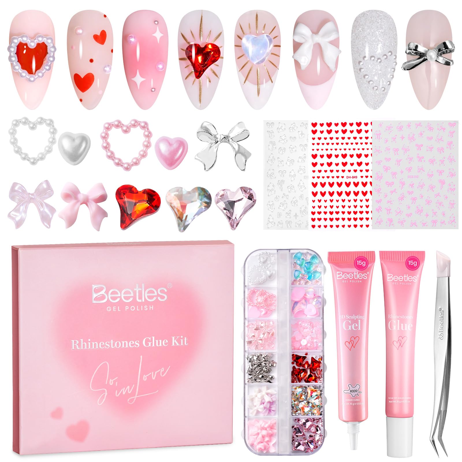 Beetles Valentines Day Gift Rhinestones Glue Kit - 3D Gel Nail Art Sculpting Gel Glue and with Heart