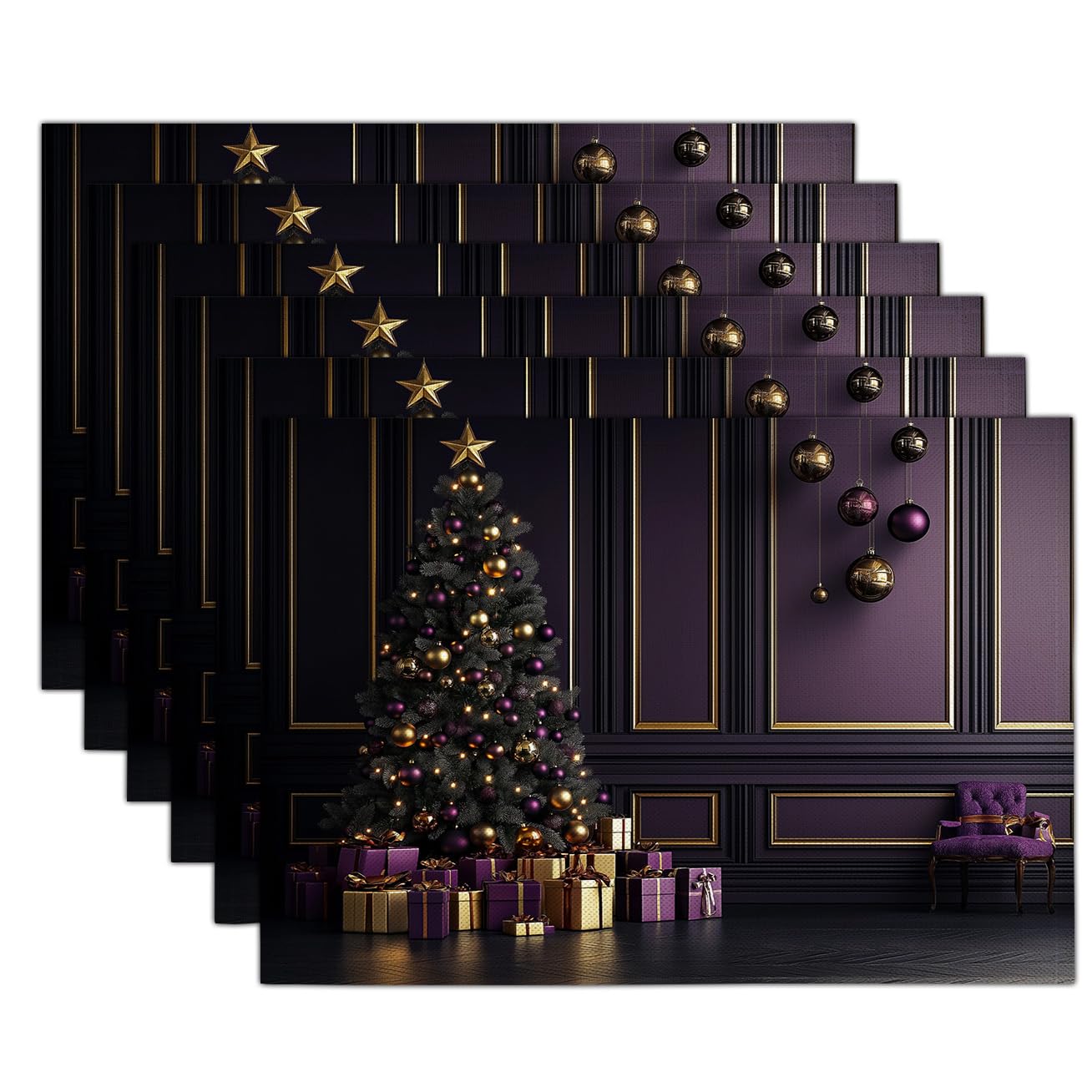 Set de table Noël chic violet et sapin doré moderne, napperon de fête haut de gamme 45x30
