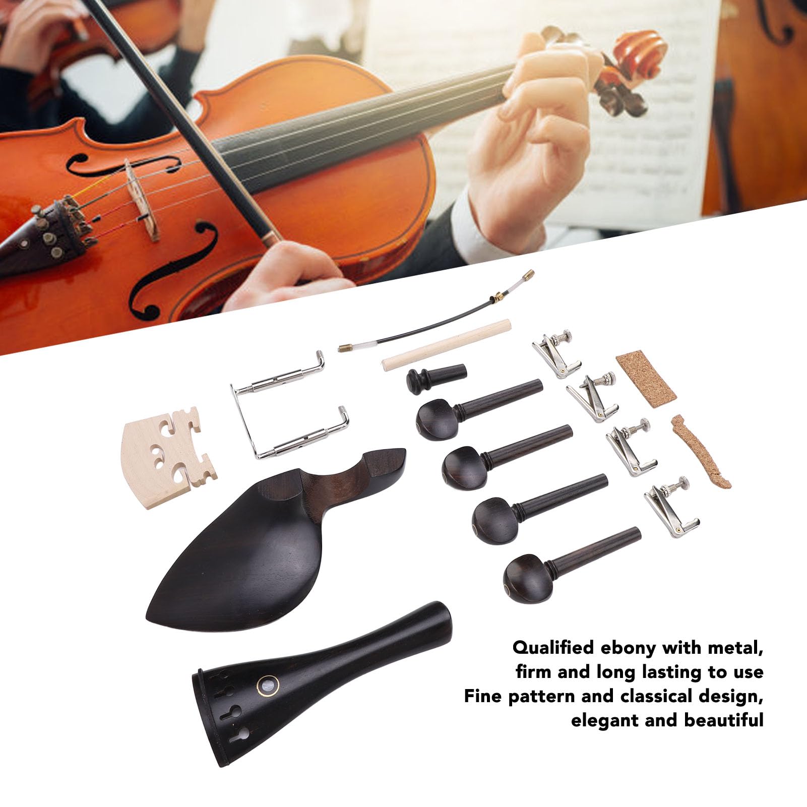 Ensemble d'accessoires pour Violon 15 Pièces, Kit de Pièces de Rechange Universel en Métal ébène pour Violons Pleine Grandeur 3/4 4/4, Kit d'accessoires pour Pièces de Violon