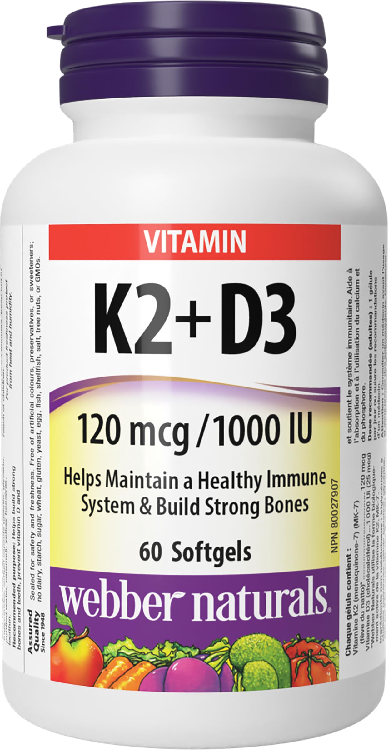 Webber Naturals Vitamin K2 with D3, 60 Softgels, Helps Support Bones, Teeth, and Immune Function, Gluten & Dairy Free