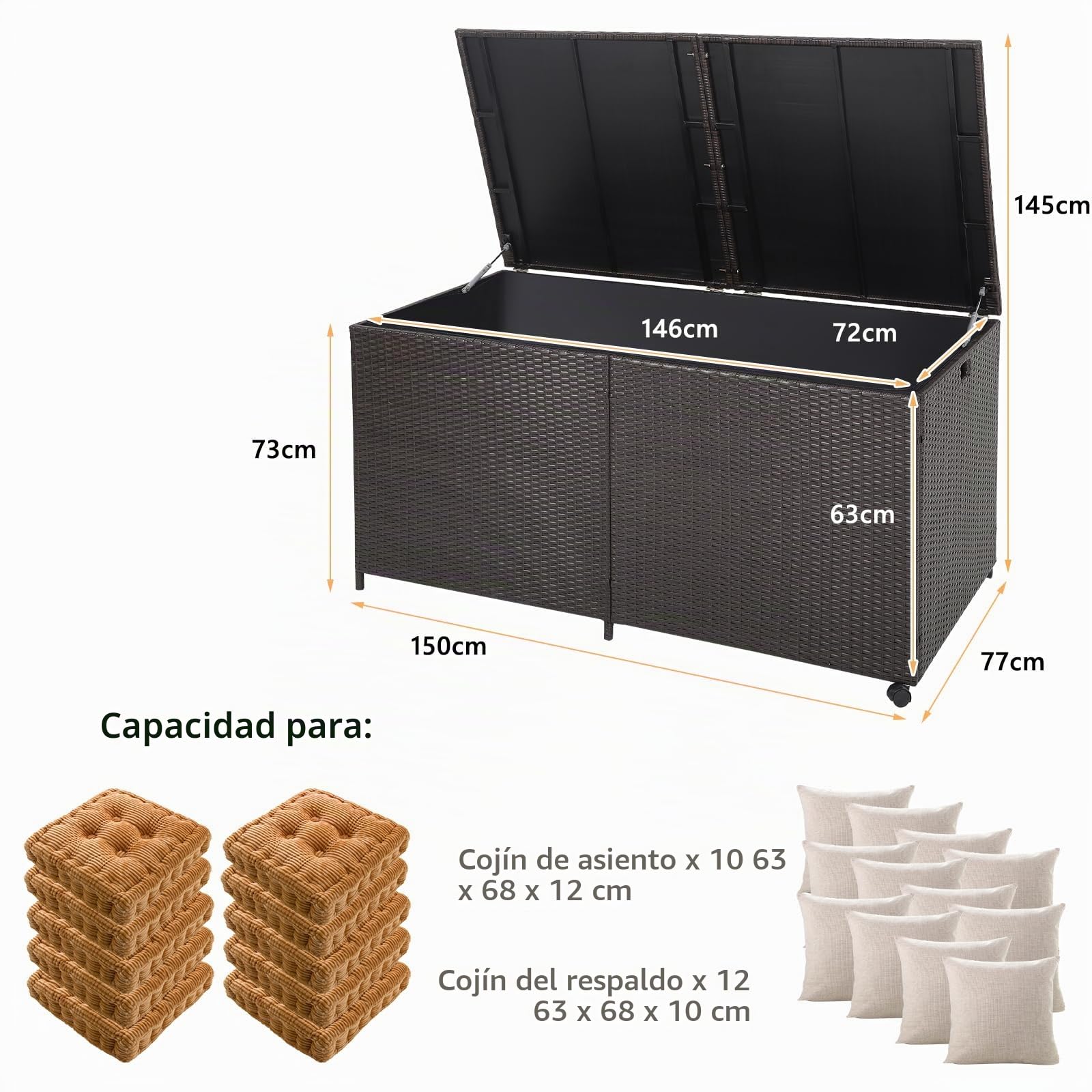LIFEZEAL 662 L Caja de almacenaje de ratán PE, baúl de almacenamiento para exterior con 2 ruedas universales, cubierta impermeable con cremallera, Arcon para jardín, balcón, 150x77x73 cm