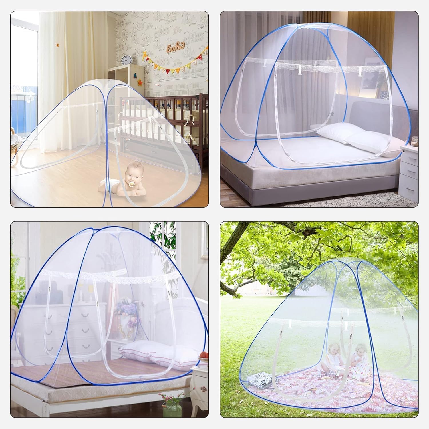 Faburo Moustiquaire de Lit Pliable en Forme de Dôme, 2 m x 2 m x 1,5 m, Fermeture à Glissière Double Porte, Rideau Tente Portable pour Camping