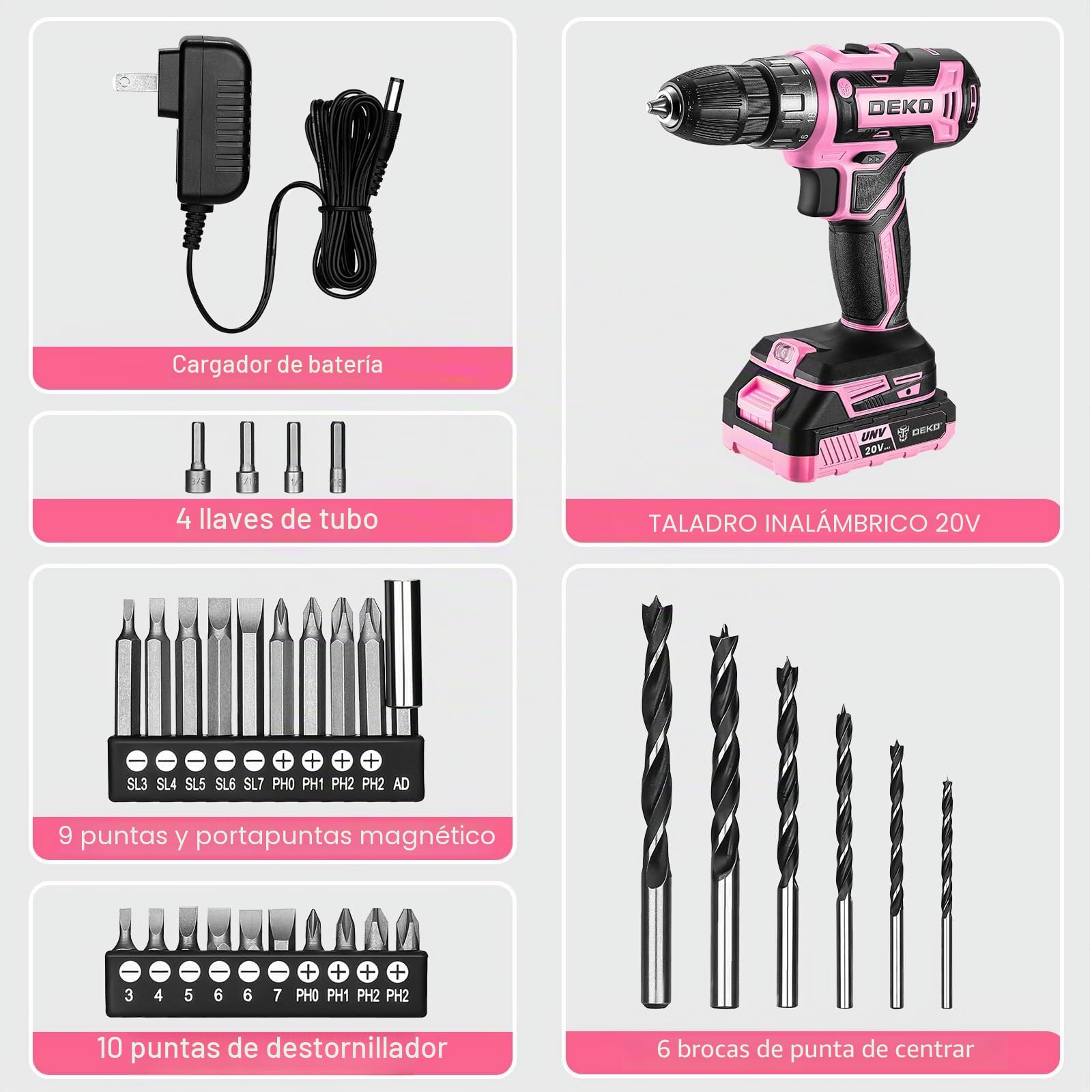 Taladro Inalámbrico, DEKOPRO 20V Taladro Atornillador Bateria con 1 Baterías y Cargador, 40 Nm, 2 Velocidad y LED, Adecuado para Bricolaje en Casa y Jardín,Rosa