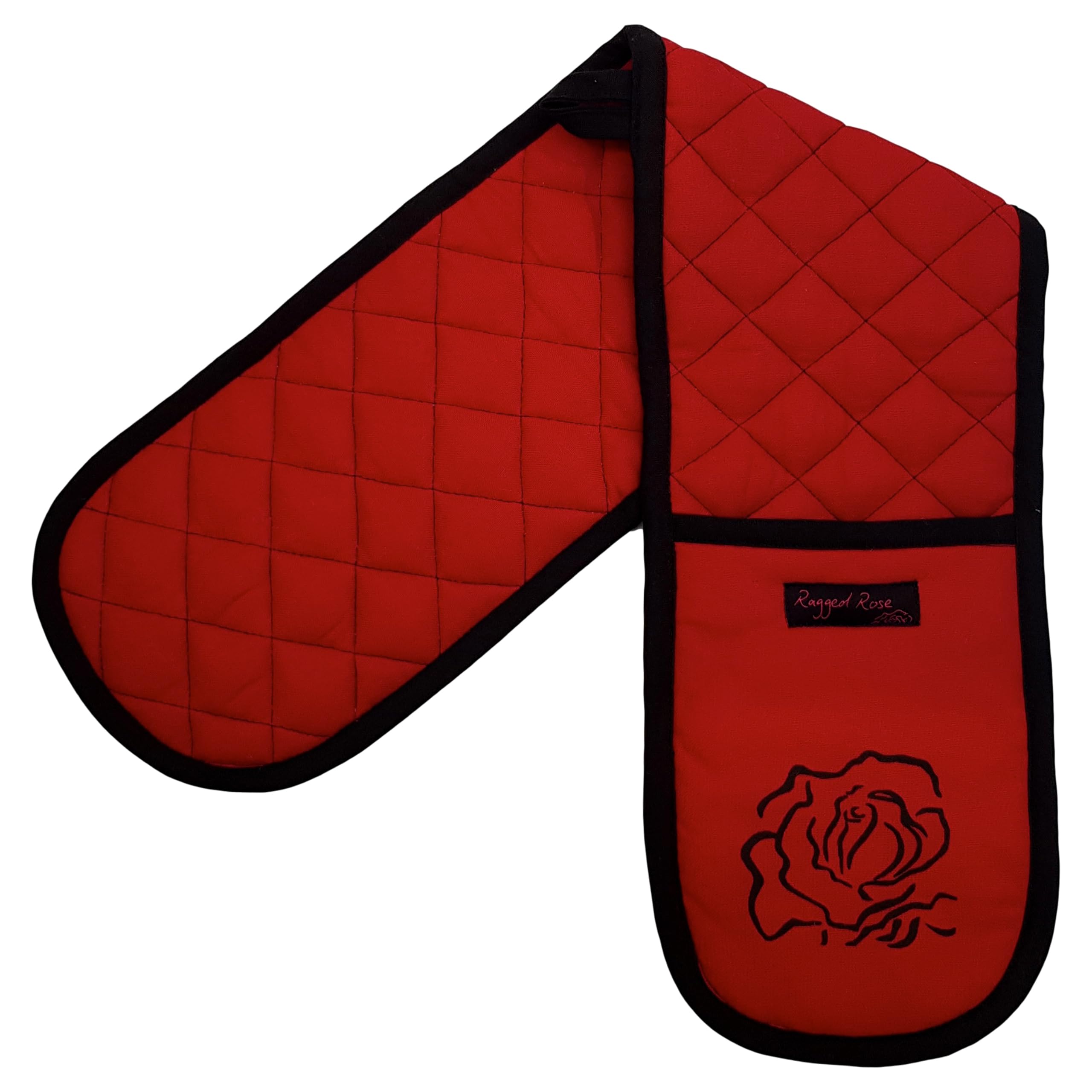 Ragged Rose Red/Black Plain Double Oven Gloves - 84 Cm X 18 Cm X 1 Cm, 1-Piece Oven Mitts For Cooking & Baking - Cotton, Machine Washable At 30° - Kitchen Essentials ()