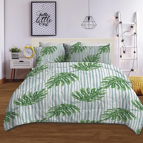 Juego de edredón de 3 piezas con diseño de hojas a rayas, tamaño Queen, ligero y esponjoso, juego de edredón de microfibra suave para todas las