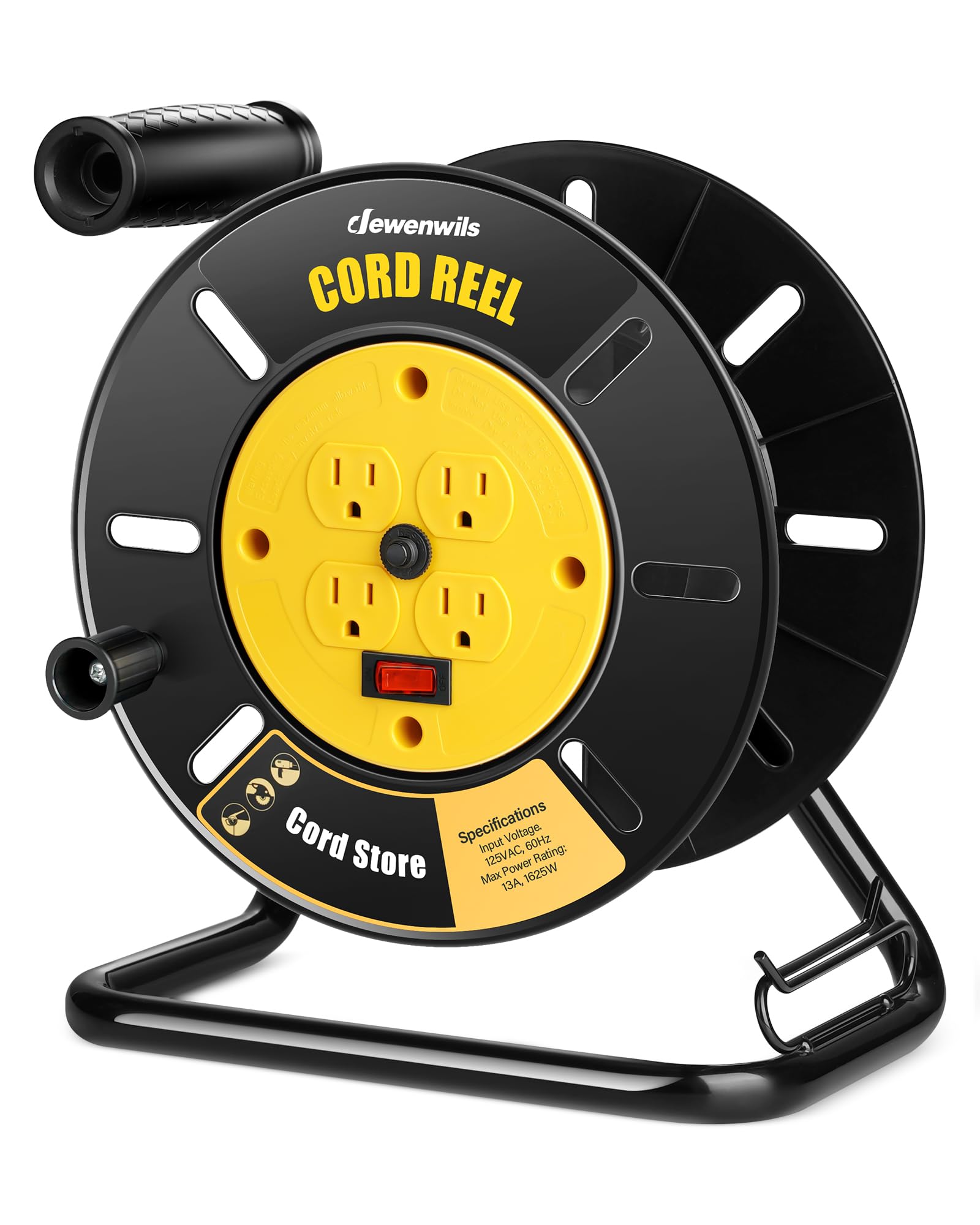 DEWENWILSExtension Cord Storage Reel with 4 Grounded Outlets, Heavy Duty Open Cord Reel for 12/3, 14/3, 16/3 Gauge Power Cord, Hand Wind