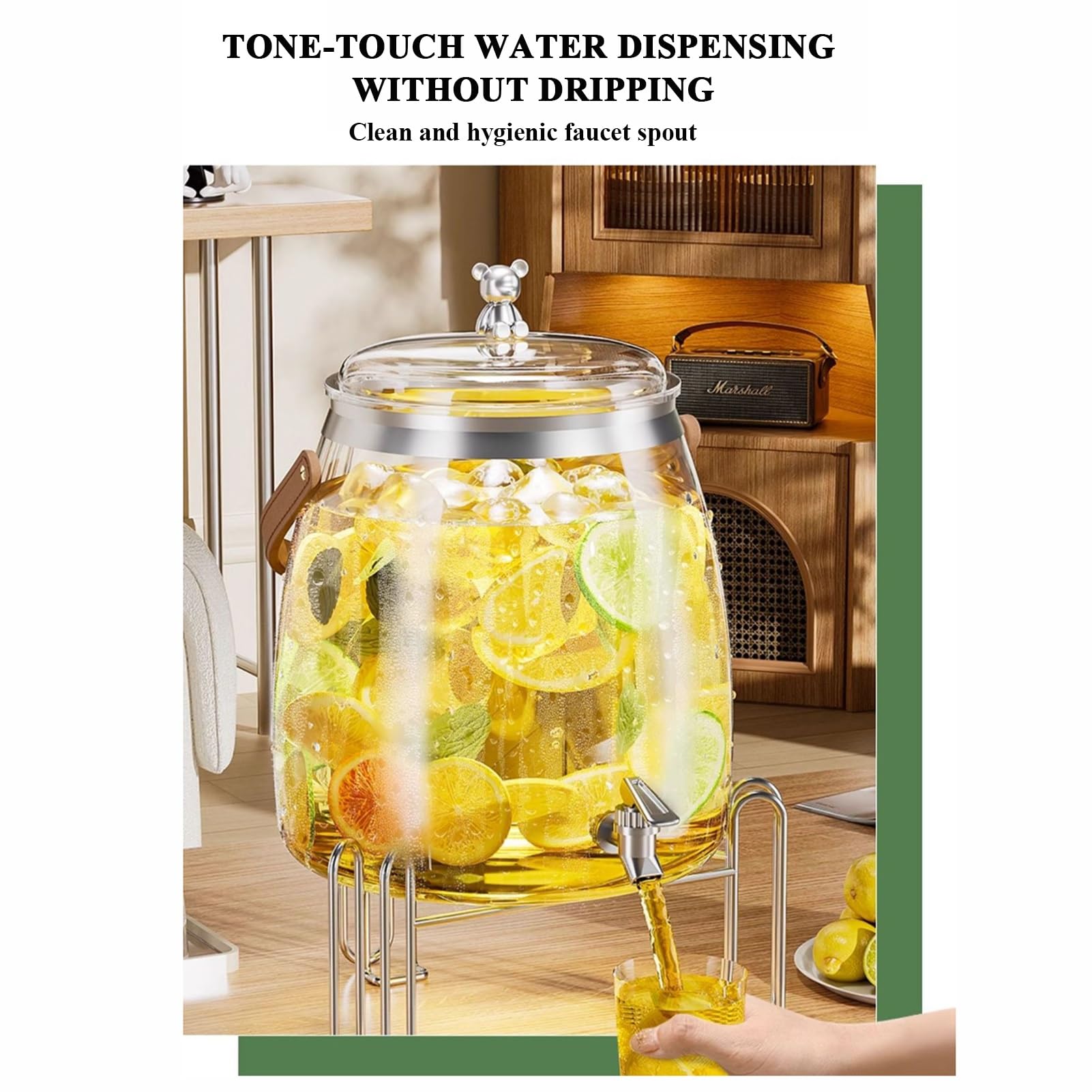 Dispensador de Bebidas de Vidrio con Soporte y Tapa, Grifo de Acero Inoxidable A Prueba de Fugas, Dispensadores de Bebidas para Frigorífico, Dispensador de Limonada(9L)