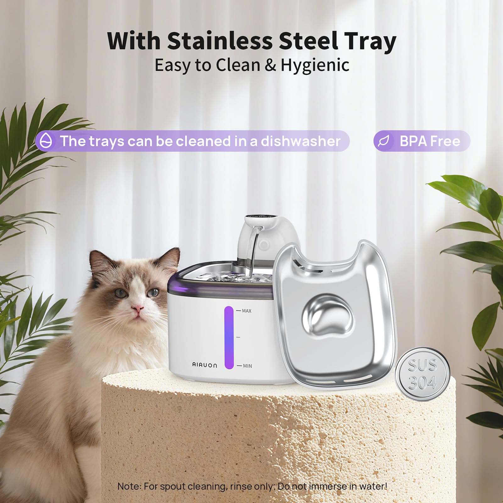 Cat Water Fountain Cordless 118oz/3.5L Wireless & Battery Operated Pet Water Fountain for Indoor Cats, Stainless Steel Tray with Sensor & Timer Modes, Ultra-Quiet, BPA-Free & Easy-to-Clean