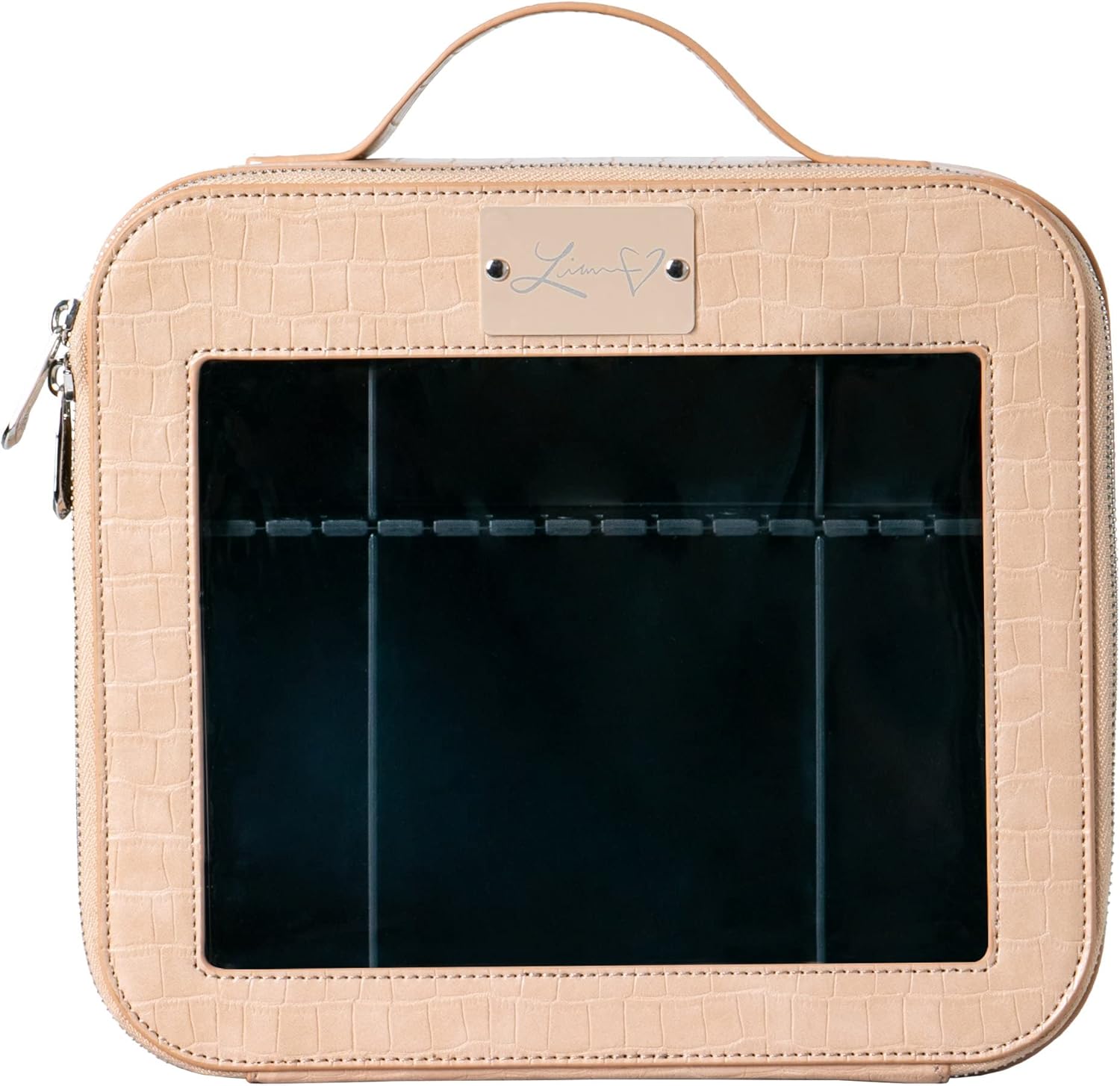 Impressions Vanity Liane V. Travel Makeup Bag, Cosmetic Case Makeup Organizer with Waterproof and Transparent Window, Makeup Vanity Bags with Adjustable Dividers and Faux Leather (Beige)