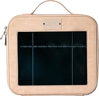 Impressions Vanity Travel Cosmetic Bag, Liane V. Makeup Case with Adjustable Dividers and Faux Leather, Waterproof Storage Organizer with Transparent Window and Carry Handle (Beige)