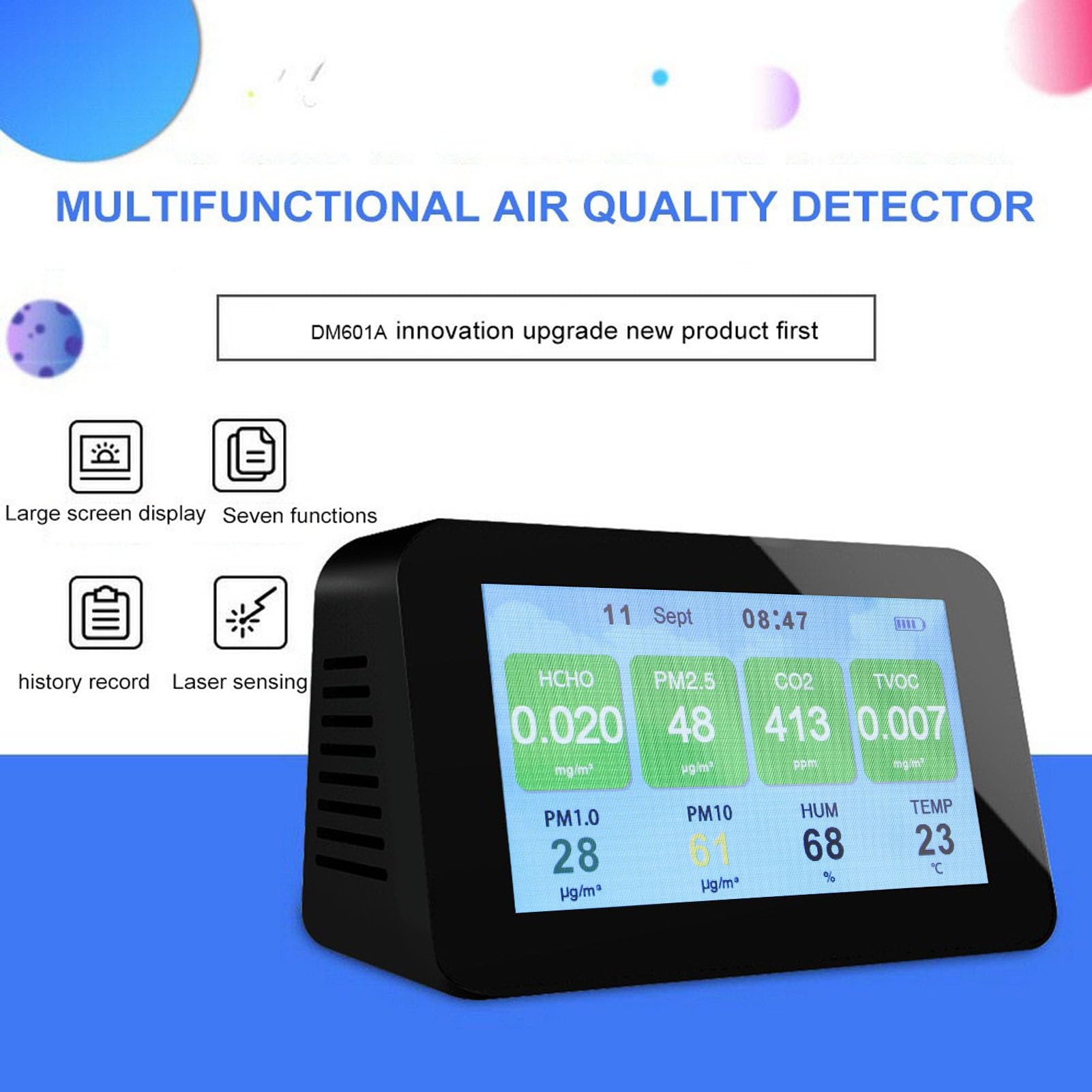 Monitor de calidad del aire Pantalla LCD multifuncional de 4,3 pulgadas Dióxido de carbono PM2.5 PM1.0 PM10 Probador de temperatura y humedad para uso en interiores y exteriores