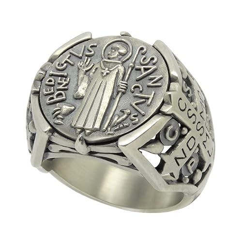 St Benedict christian catholic ancient Sterling Silver 925 medal mens ring, Exorcism