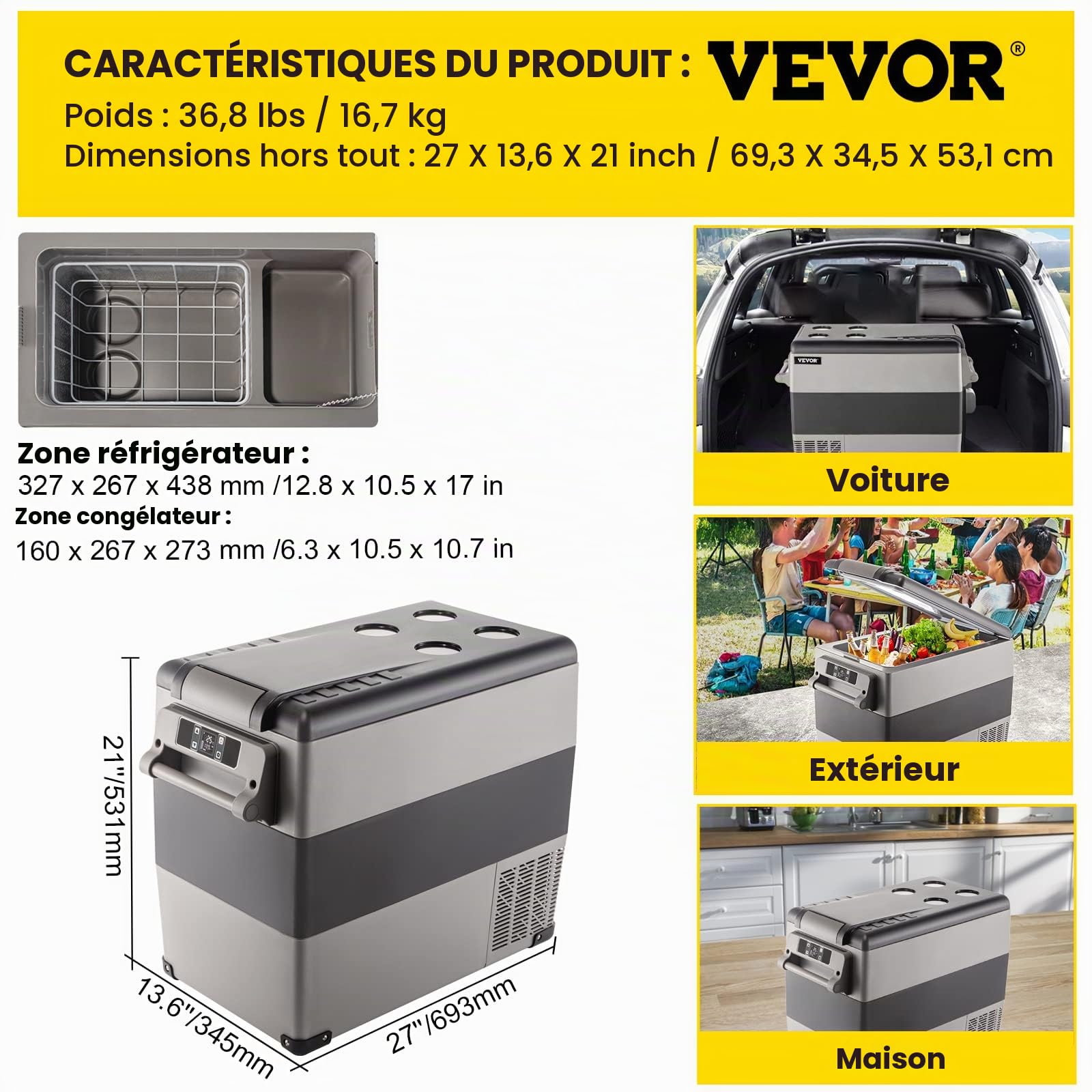 SucceBuy Glacière électrique portable de Voiture Mini Frigo Silencieux Portable 220V/55L avec Panneau Numérique -20 à 20℃ pour Maison, Voiture et Camping 69 * 34.5 * 52.4CM