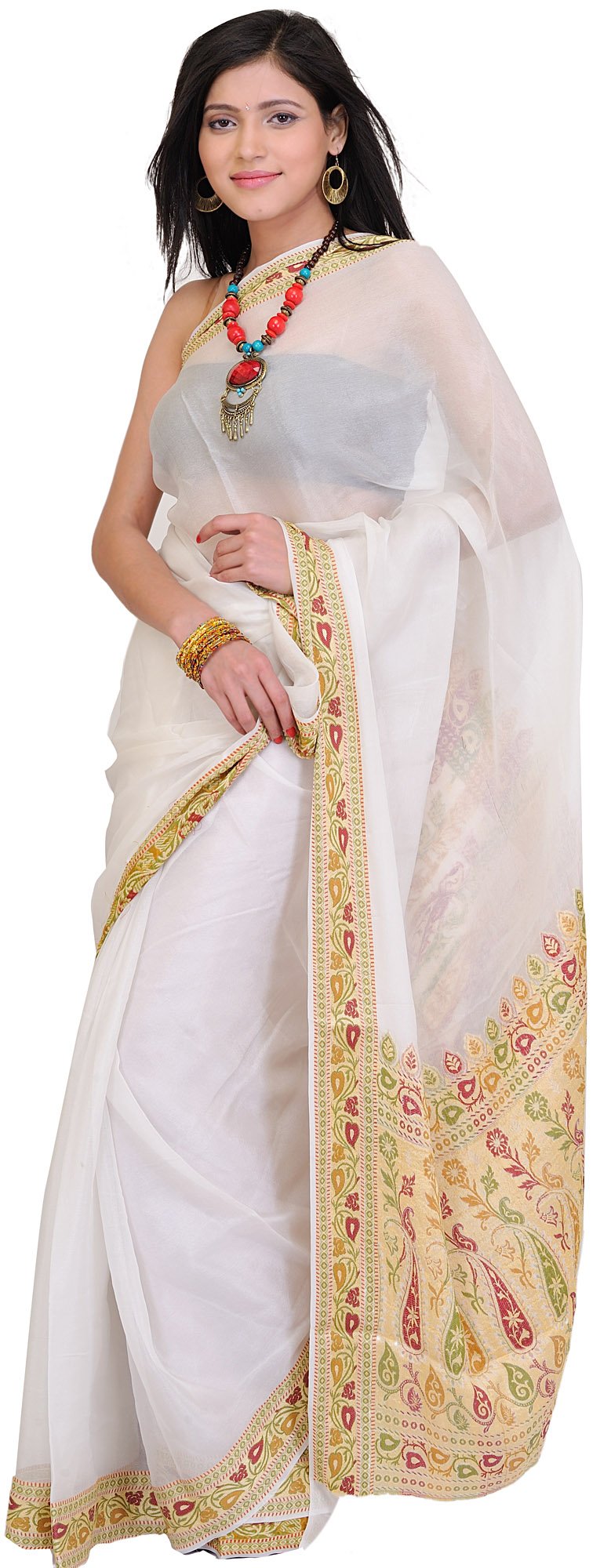 Exotic India Plain Banarasi Sari with Hand Woven Meenakari Border and Aanchal