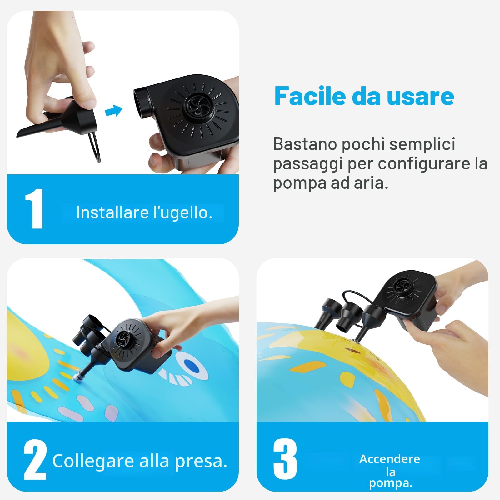Pompa Elettrica Gonfiabile 220-240V 3 Ugelli per Campeggio Materassini Barche Galleggianti