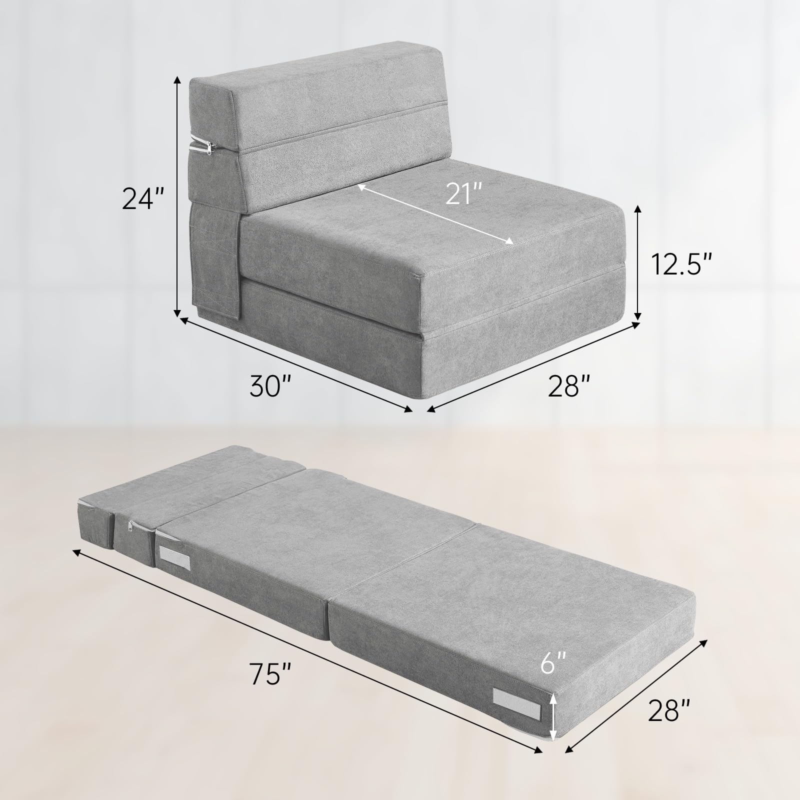 ANONER Poltrona Pieghevole In Memory Foam 30,5 Cm - Divano Futon A U Con Cuscino Incluso, Fodera Lavabile, Per Piccoli Spazi, Camper E Campeggio