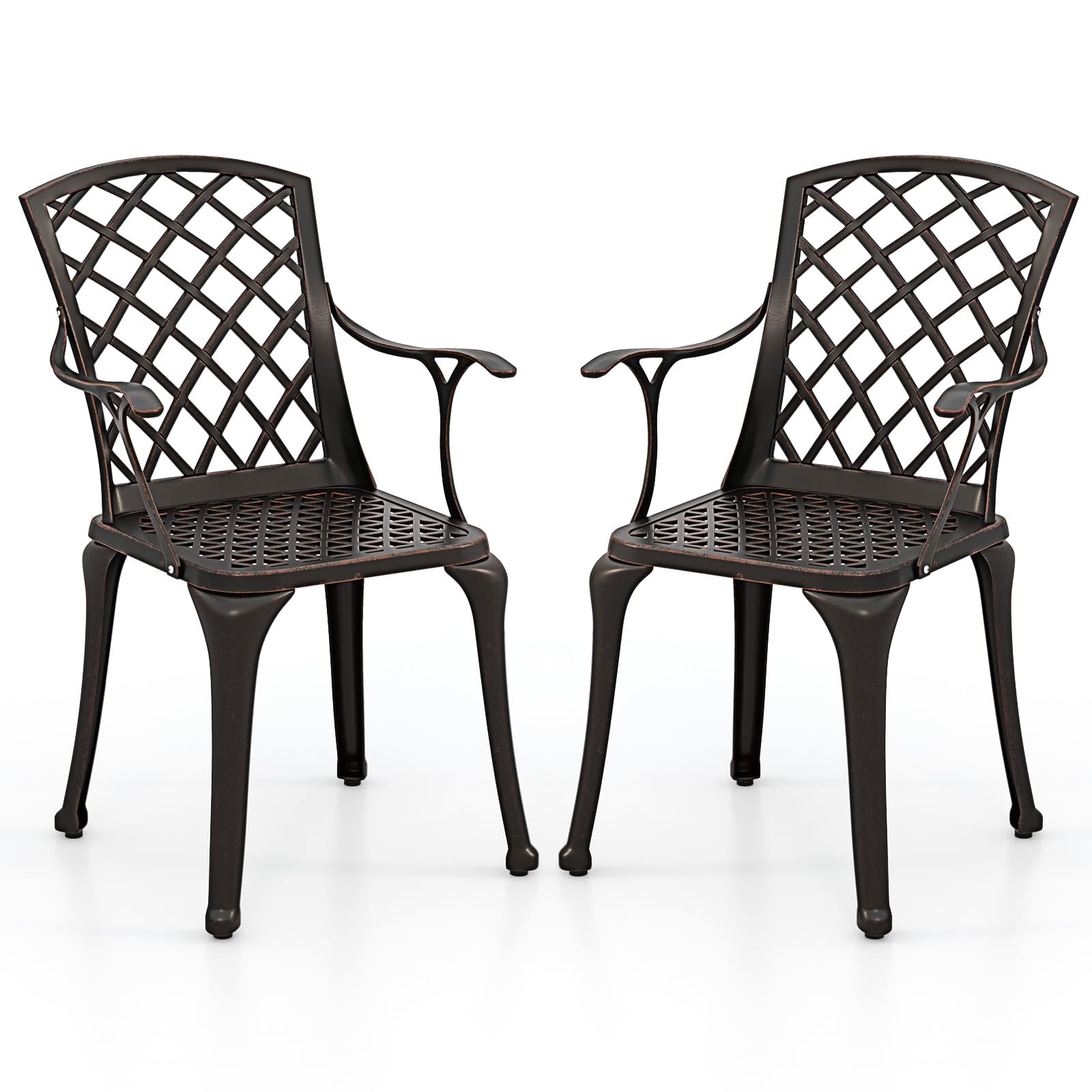 GOPLUS Juego de 2 Sillas de Jardín, Sillas de Comedor Aluminio Fundido Resistentes a la Intemperie, Respaldo y Reposabrazos, para Jardín, Patio, Balcón (Bronce)