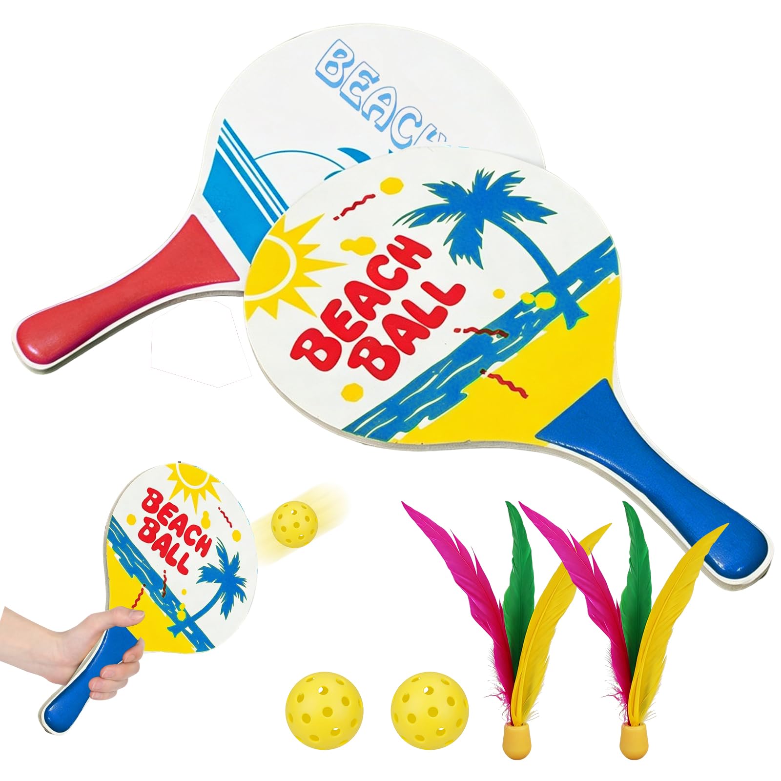 Set de Beachball, 2 Raquettes, 2 Peak Ball, 2 Volants, Raquettes de Plage en Bois Raquettes,Parfait pour Une Fête de Jeux de Plage et de Jardin en Famille