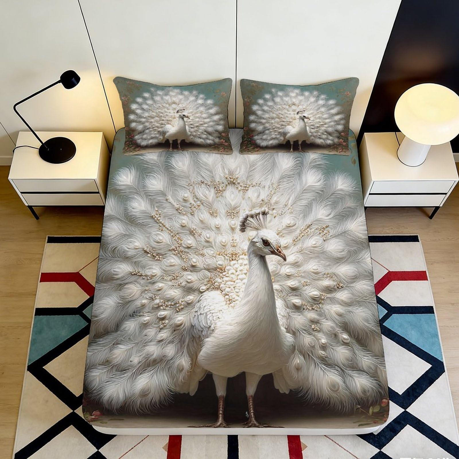 3D Printed White Peacock Fitted Sheet Microfiber Soft Anti-Slip Elegant Plumage Bed Cover for Bedroom Guest Room Decor 90x200x25cm