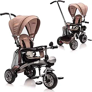 Baby Tricycle 6 in 1,Toddler Bike,Baby Toddler with Adjustable Push Handle Toddler Trike with Removable Canopy Rotatable Seat Rubber-Plastic Polymerized EVA Tire(Khaki)