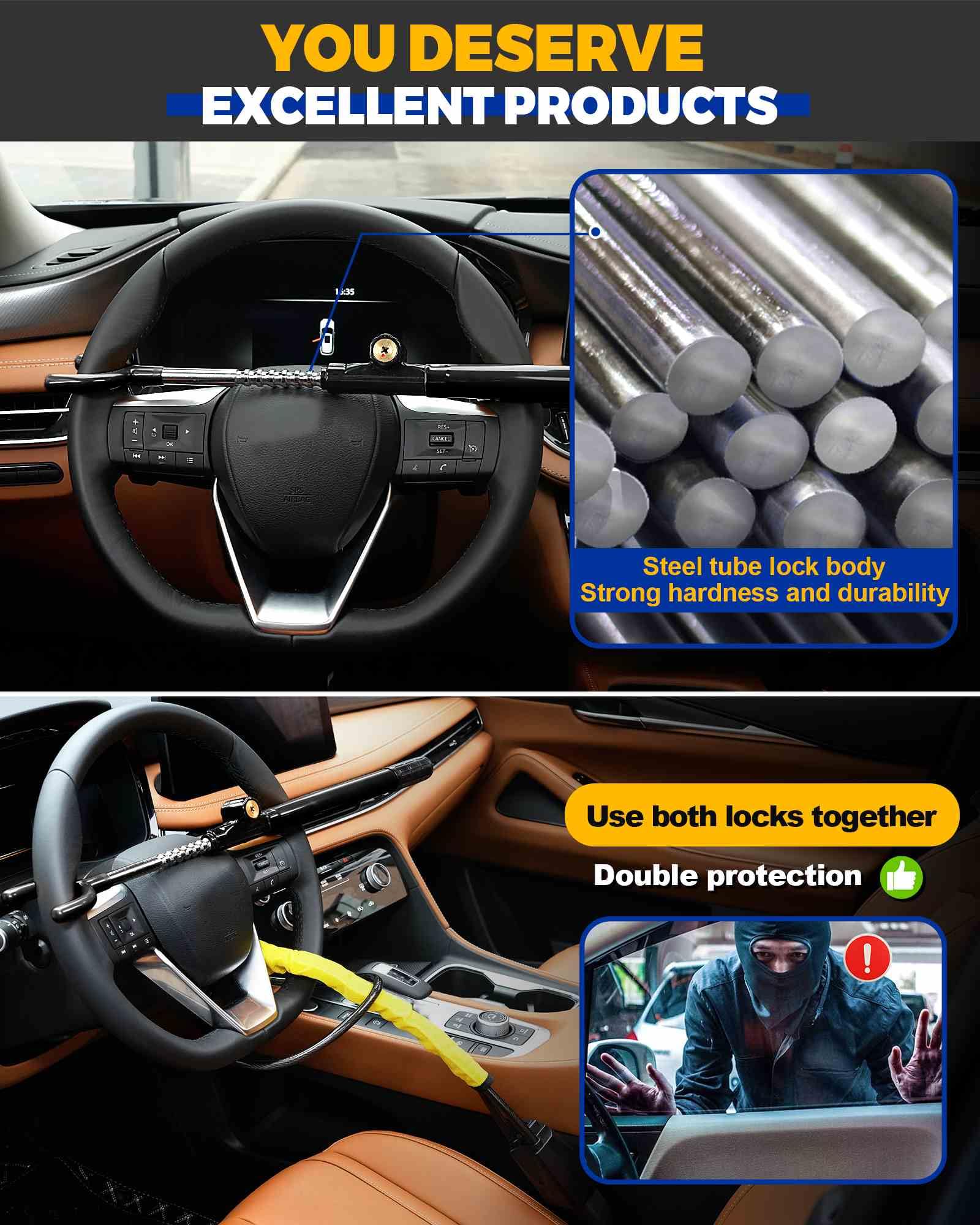 Tevlaphee Steering Wheel Lock Anti-Theft Device Security Car Lock Anti Theft Car Device Visible Antitheft Locking Devices Adjustable Car Wheel Lock for Cars with 3 Keys (Black)