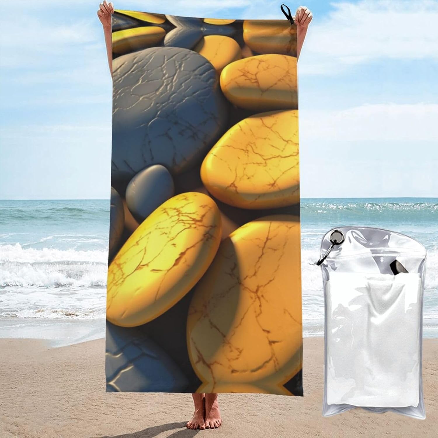 Yellow Pebbles Printed Microfiber Towel,Camping Towel,Fast Drying Towel,Soft Lightweight for Gym,Hiking,Yoga,Backpacking, White