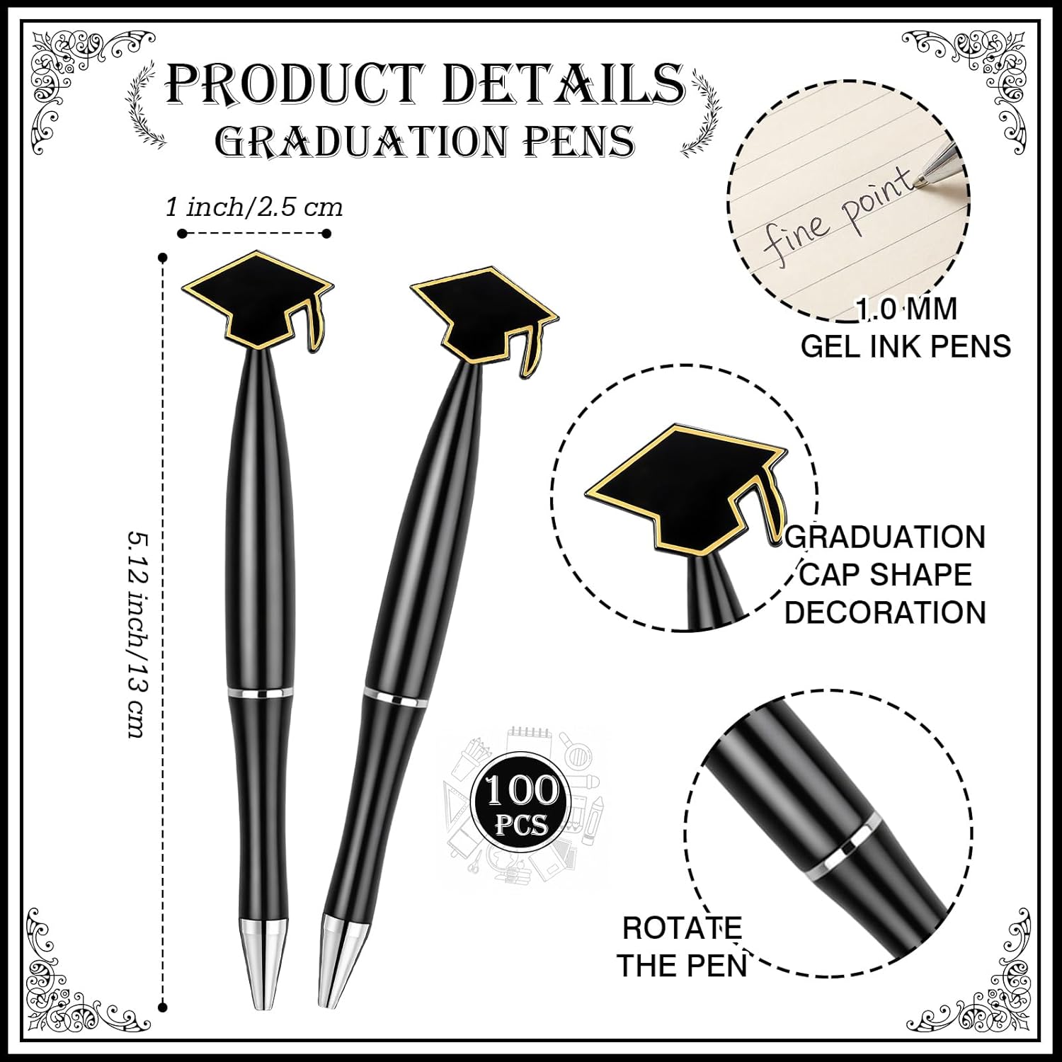 Supervitae 100 Pcs Graduation Pens Bulk Novelty Graduation Cap Ballpoint Pens 1 mm Black Gel Ink Party Favor Gift for Men Women Office University College Senior High School Supply