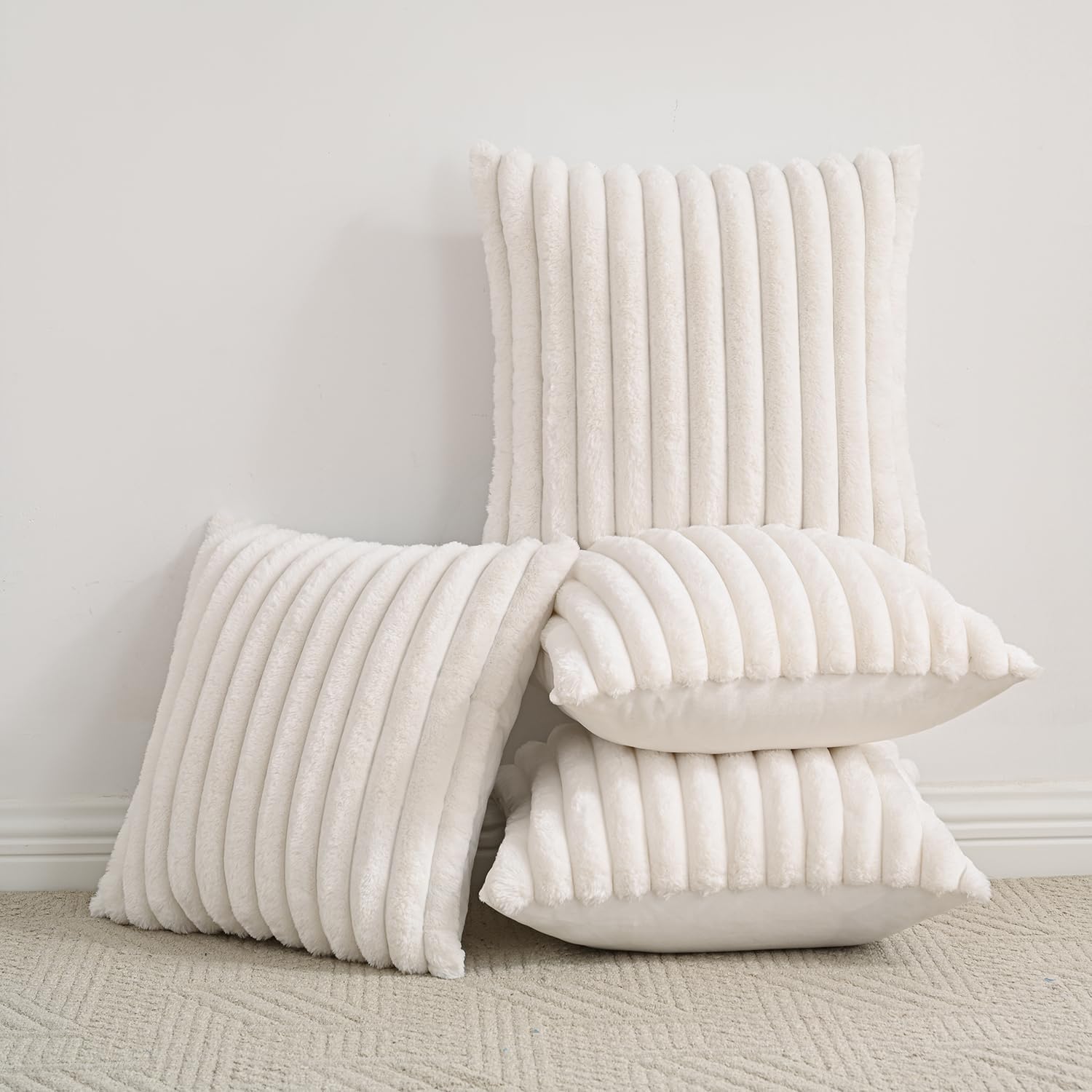 Volcanics Set of 4 Faux Fur Plush Decorative Throw Pillow Covers 18x18 Inch, Luxury Striped Cushion Cases Soft Fluffy Accent Pillowcases for Sofa, Couch and Bed, Cream White - Image 5