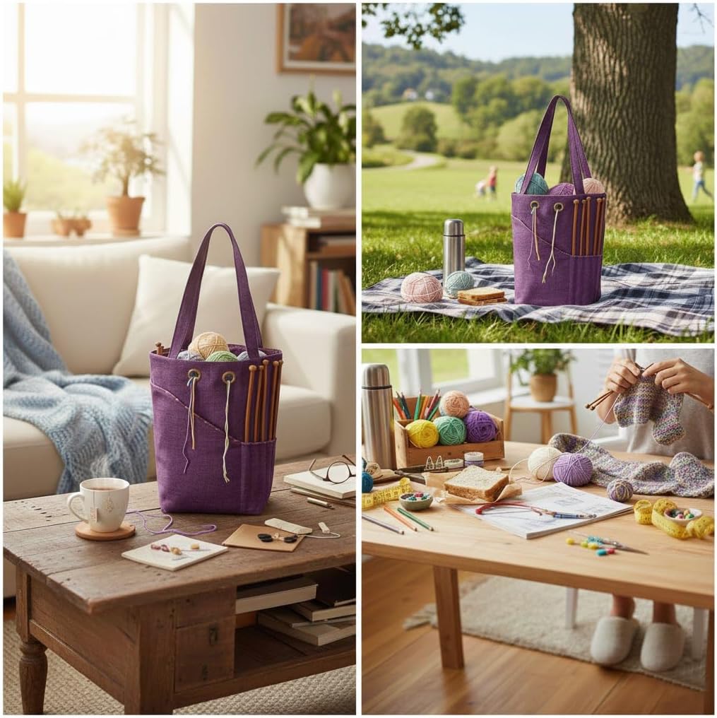 Linen Knitting Project Tote Bag,Portable Yarn Storage Bag for Crochet Accessories/Needles,Crochet Hooks Organizer,Knitting Bag for Crochet Lovers (Purple)