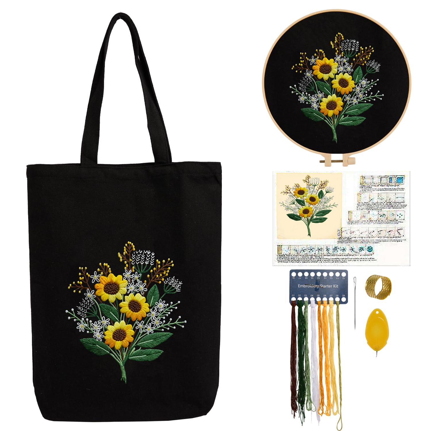 CREAWONDER Hand Embroidery Kits for Bag, Embroidery Kit Bag with Pattern for Beginners, Arts and DIY Embroidery Crafts Kits for Adults, Include Instructions, Embroidery Hoops, Color Threads and Tool