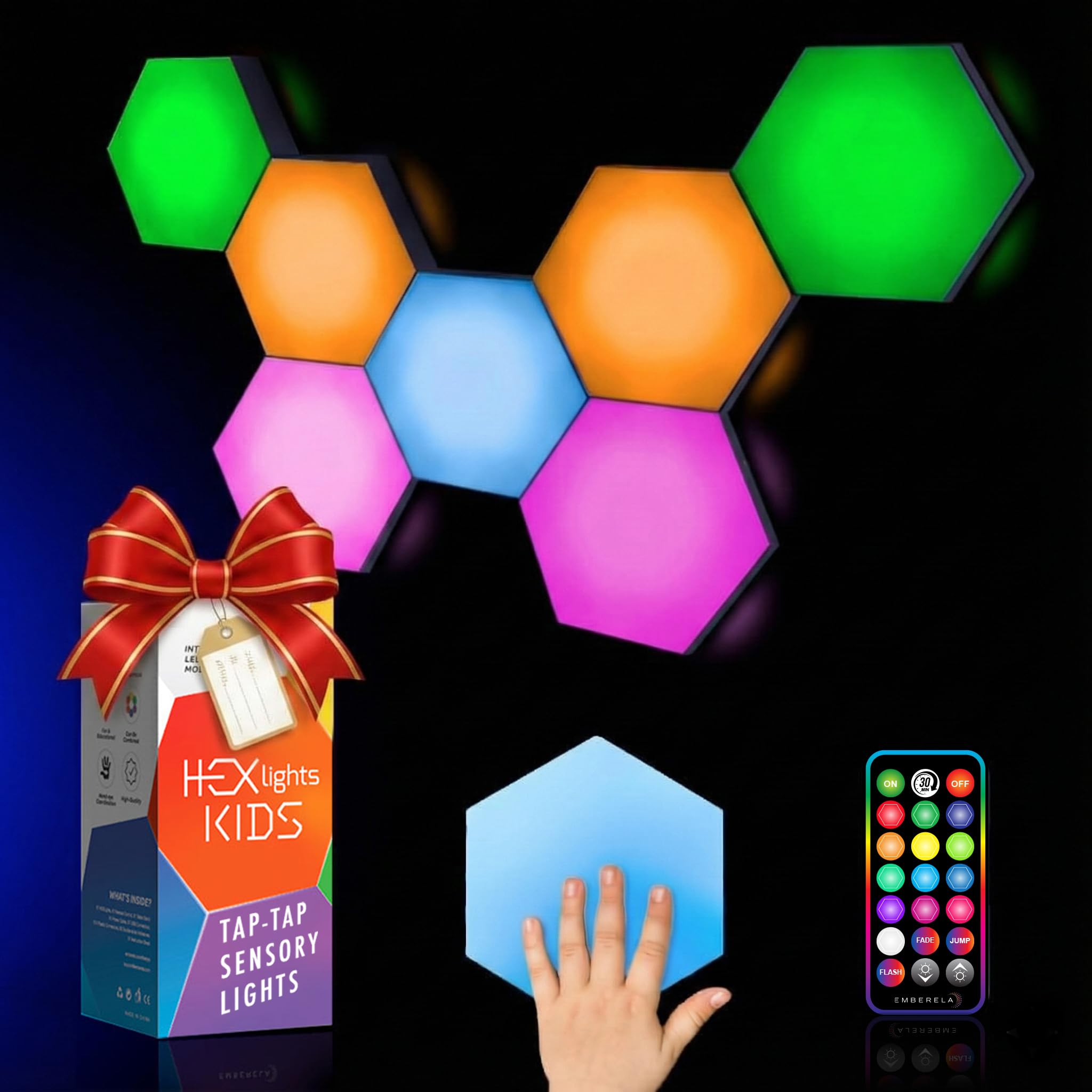 Emberela HEXlights Touch Activated Sensory LED Light Set, Remote Controlled RGB Wall Panels, Great for Kids Bedroom or as Wall Activity Panel for Room