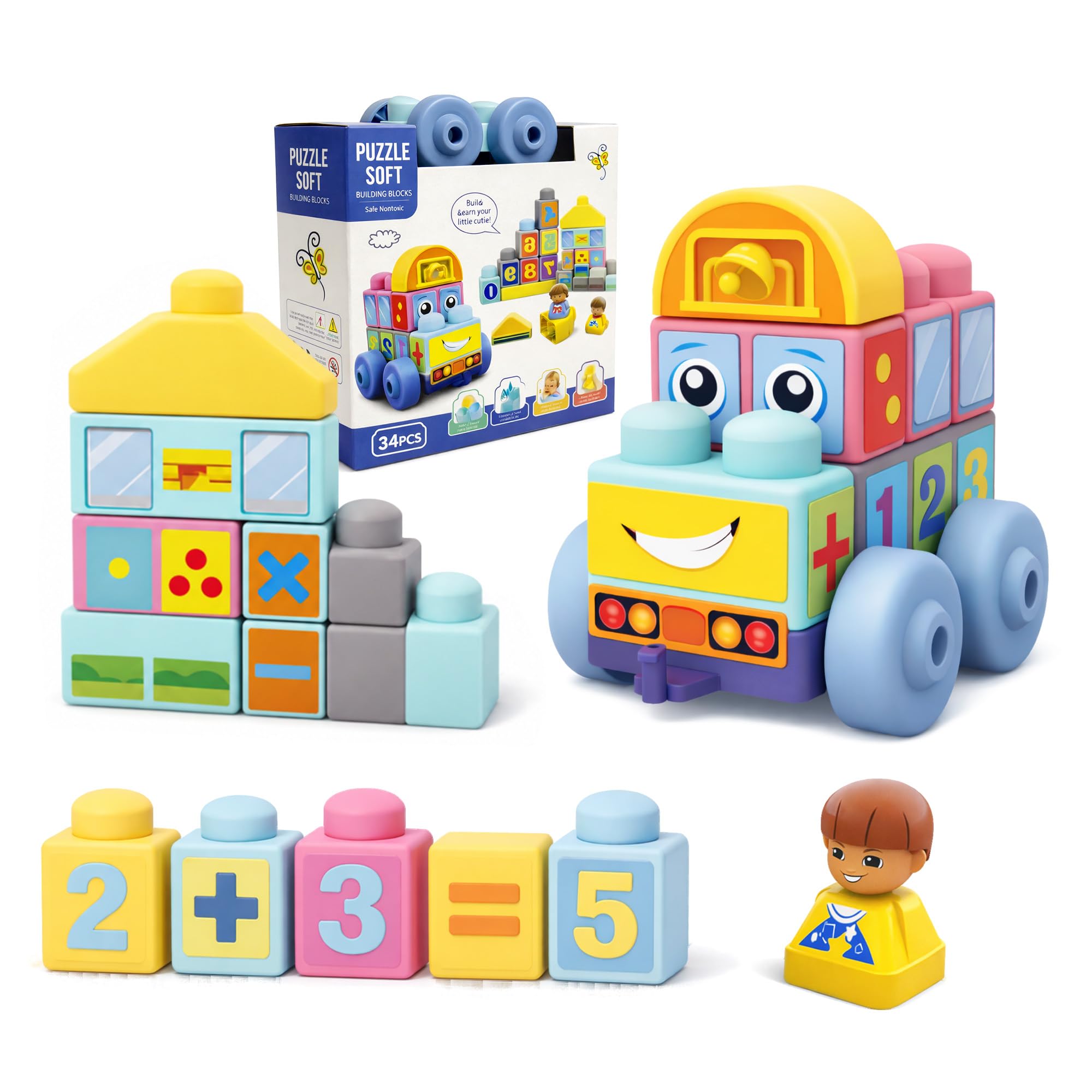 Baby Blocks, 34PCS Soft Building Blocks Toddler Toys Car for 18 Months+