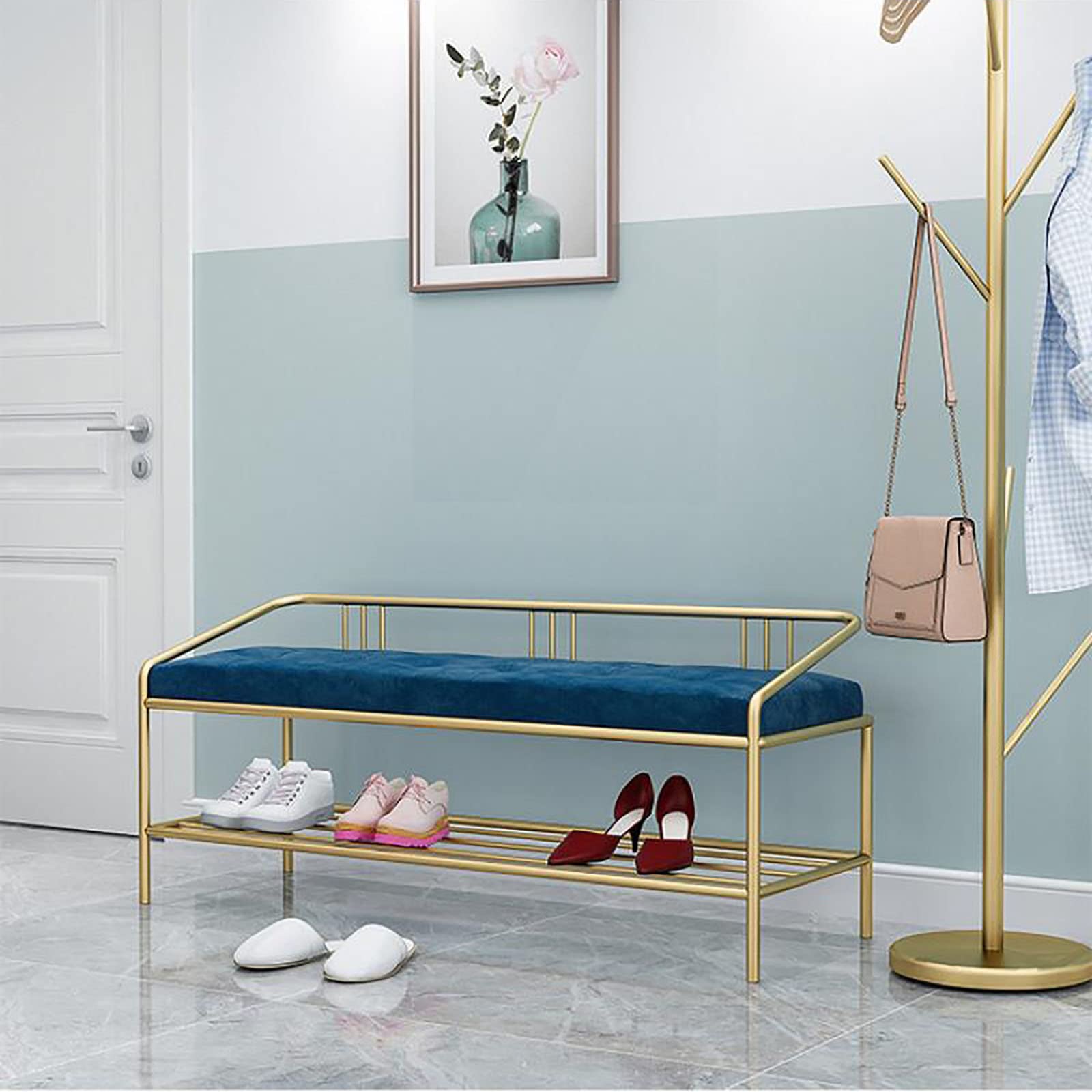 Banc à chaussures rembourré en velours et métal pour rangement de salon moderne