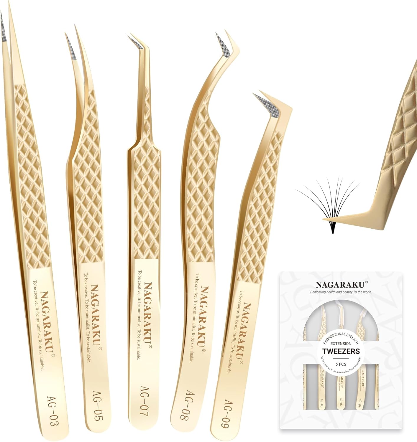 NAGARAKU Eyelash Tweezers Set, 5 PCS Precision Micro Fiber Tip Tweezer for Lash Extensions Antistatic Anti-Slip Straight and Curved Pinzas AG-03/AG-05/AG-07/AG-08/AG-09 with Box For Lash Artists