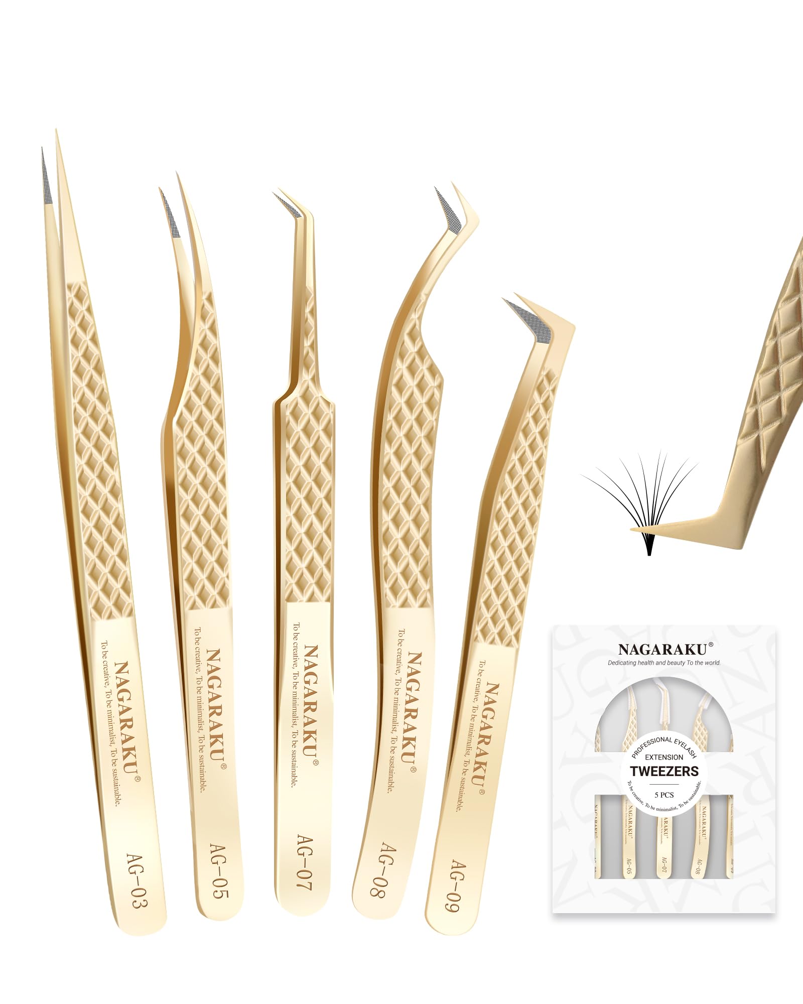 NAGARAKU Pinzas de Fibra Pestañas Juego de 5 Profesionales Sin Brecha Rectas Curvas Y Con Volumen De Acero Inoxidable Dorado Cierre Preciso Ligeras Con Tapas Protectoras Fiber Tweezers Set En La Punta