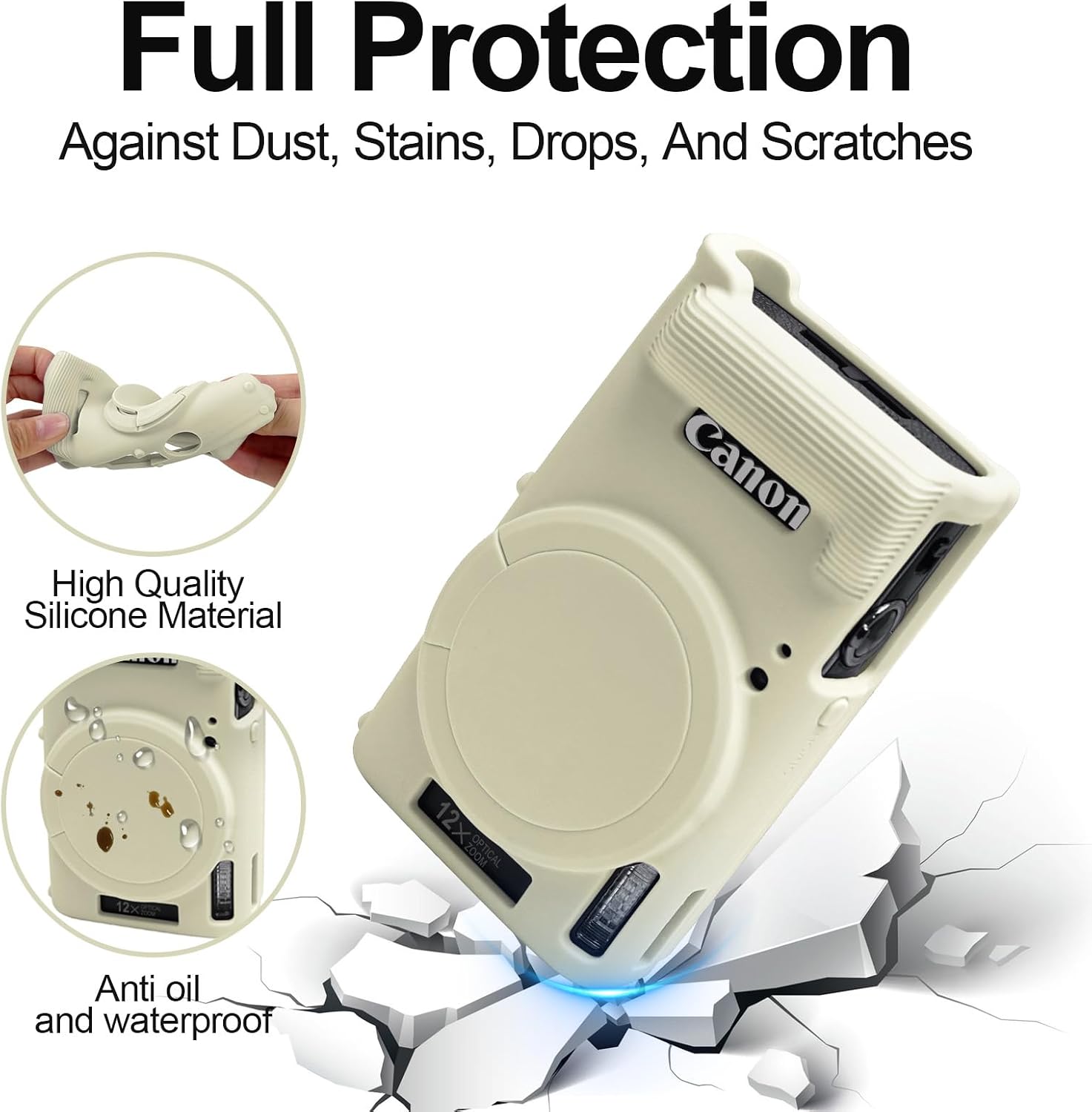 Easy Hood Case for Canon PowerShot IXY 650/ELPH 360 Camera, Soft Silicone Camera Cover with Removable Lens Cap, Slim Fit Anti-Scratch Carrying Protective Case Camera Body Skin Sleeve(Beige)
