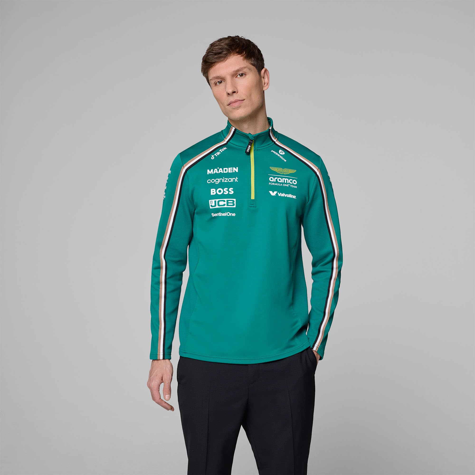 Aston Martin F1 2025 Sudadera 1/4 Zip para Hombre | Logotipos de los socios del equipo de la Scuderia Ferrari de 2025, Detalle de rayas del equipo en el cuerpo