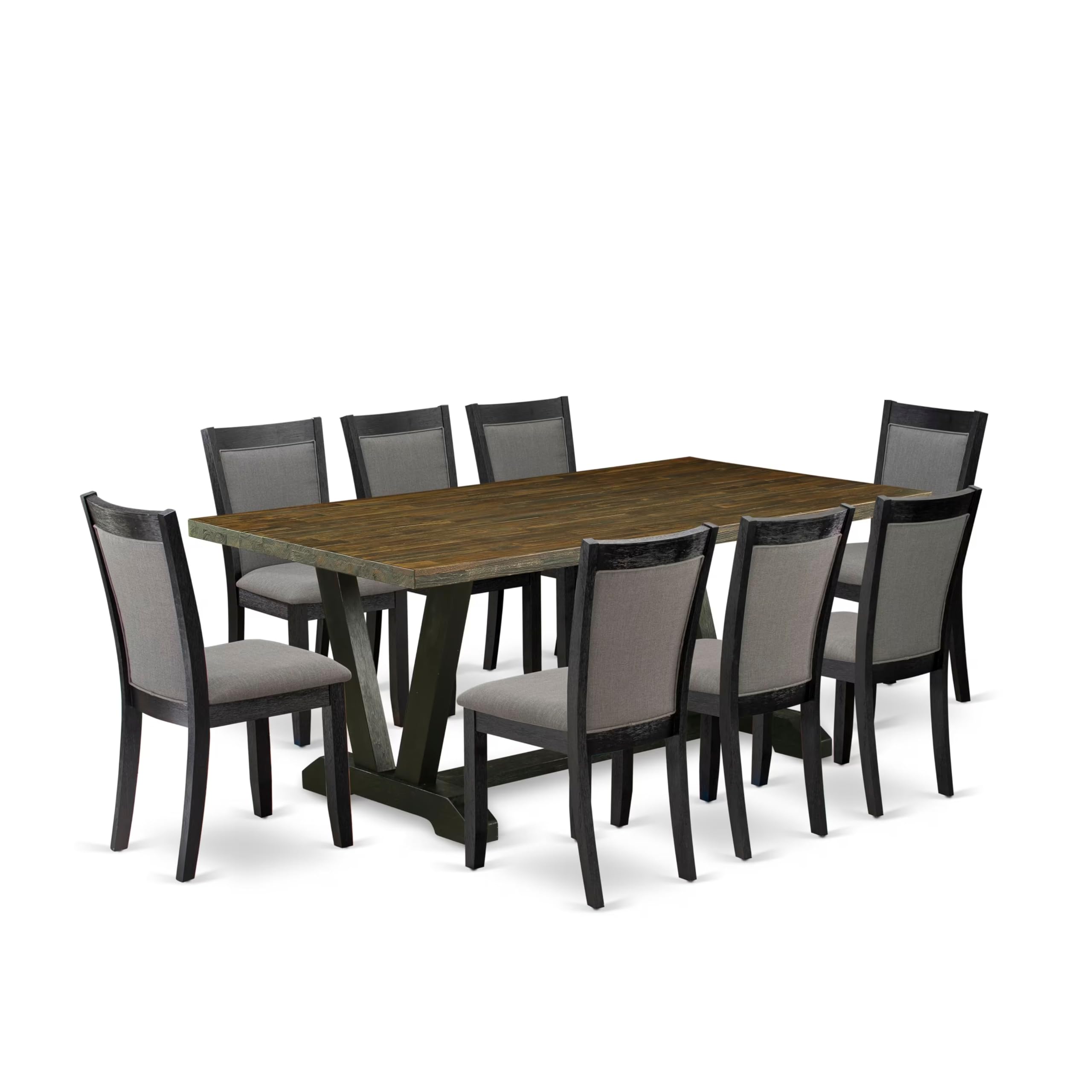 East West Furniture V677MZ650-9 9 Piece Dining Set Includes a Rectangle Dining Room Table with V-Legs and 8 Dark Gotham Grey Linen Fabric Upholstered