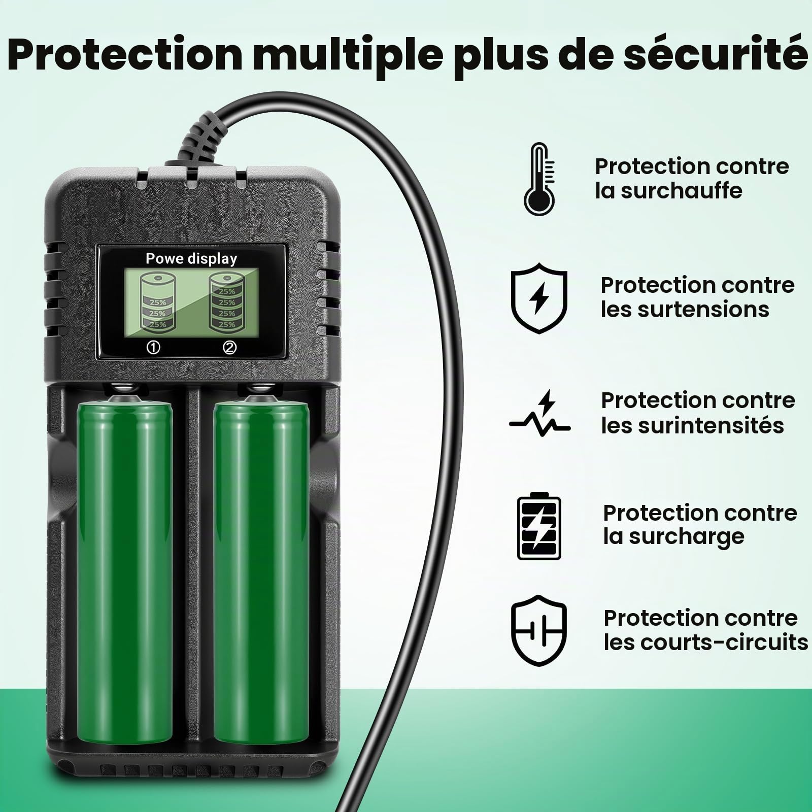 Chargeur de Batterie à LCD, Chargeur de Batterie Li-ION 2 Fentes avec Charge Rapide Intelligente Compatible avec Une Variété de Batteries Li-ION 3,7 V 26650/18650/14500/16340 (2 Fentes)