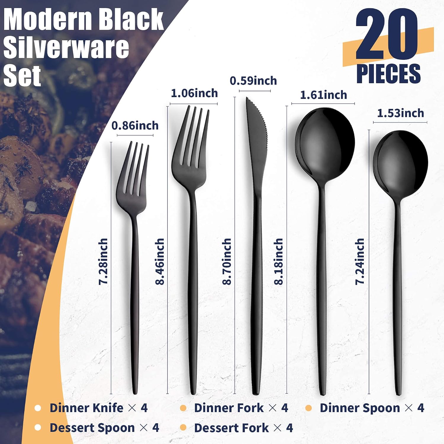 20 Piece Black Silverware Set,Stainless Steel Flatware Cutlery Set Service for 4 Including Forks Spoons Knives,Kitchen Utensil Set,Tableware for Home and Restaurant, Dishwasher Safe image 2